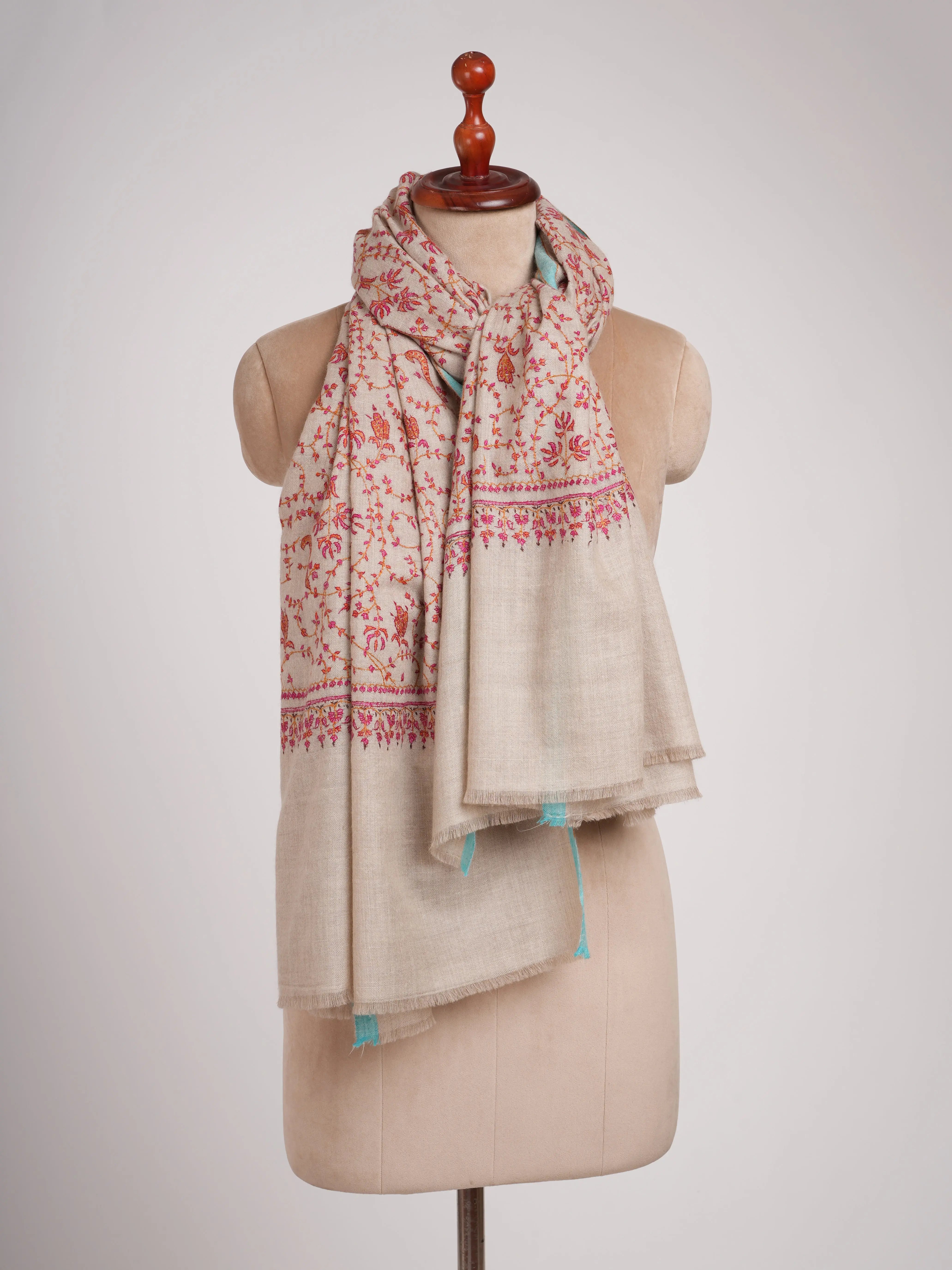 Hand Embroidered Allover Jali Motif Silver Pashmina Shawl Shahkaar