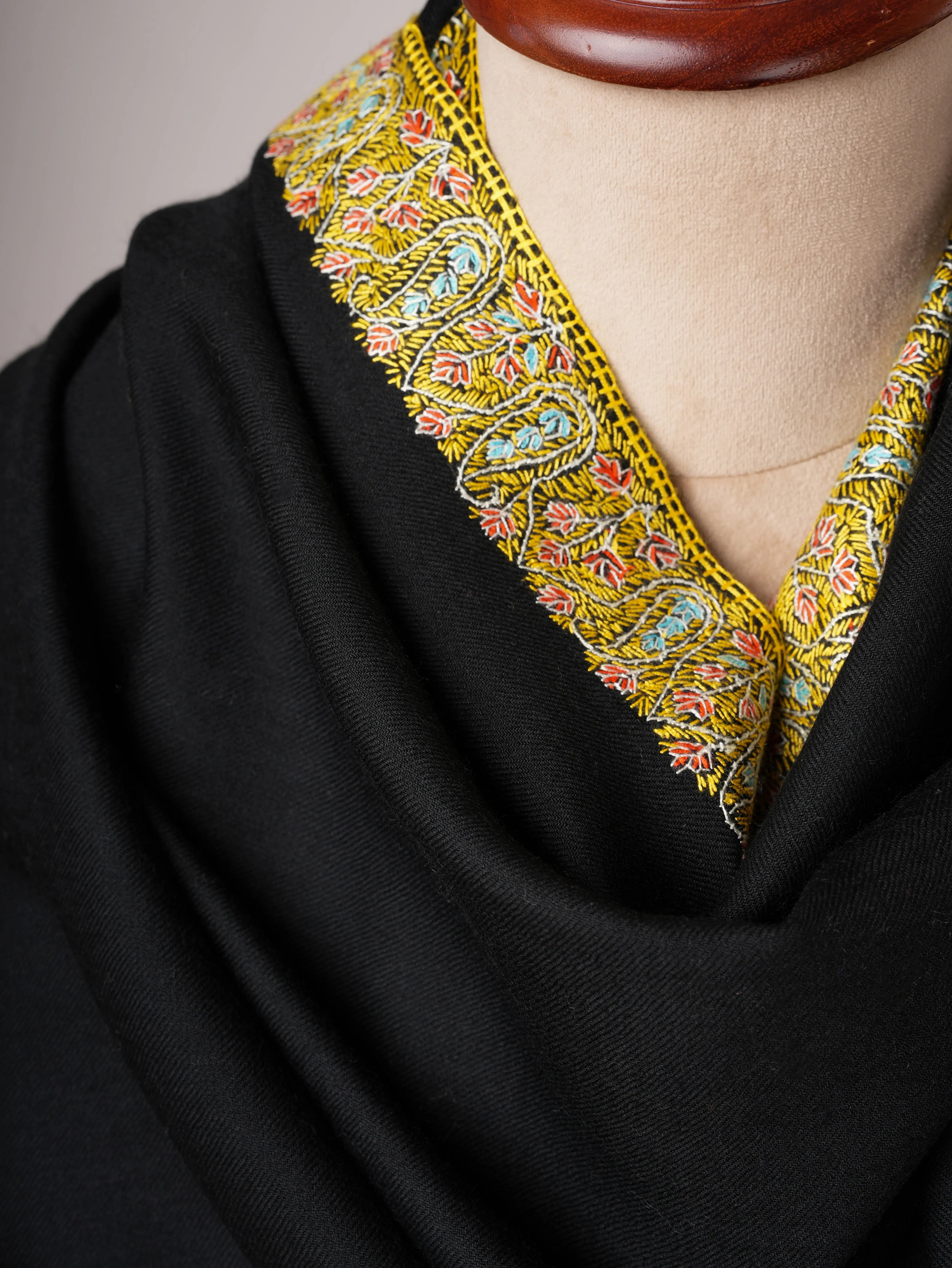 Hand Embroidered Black Shawl in Fine Wool with Neemdaur Border Shahkaar