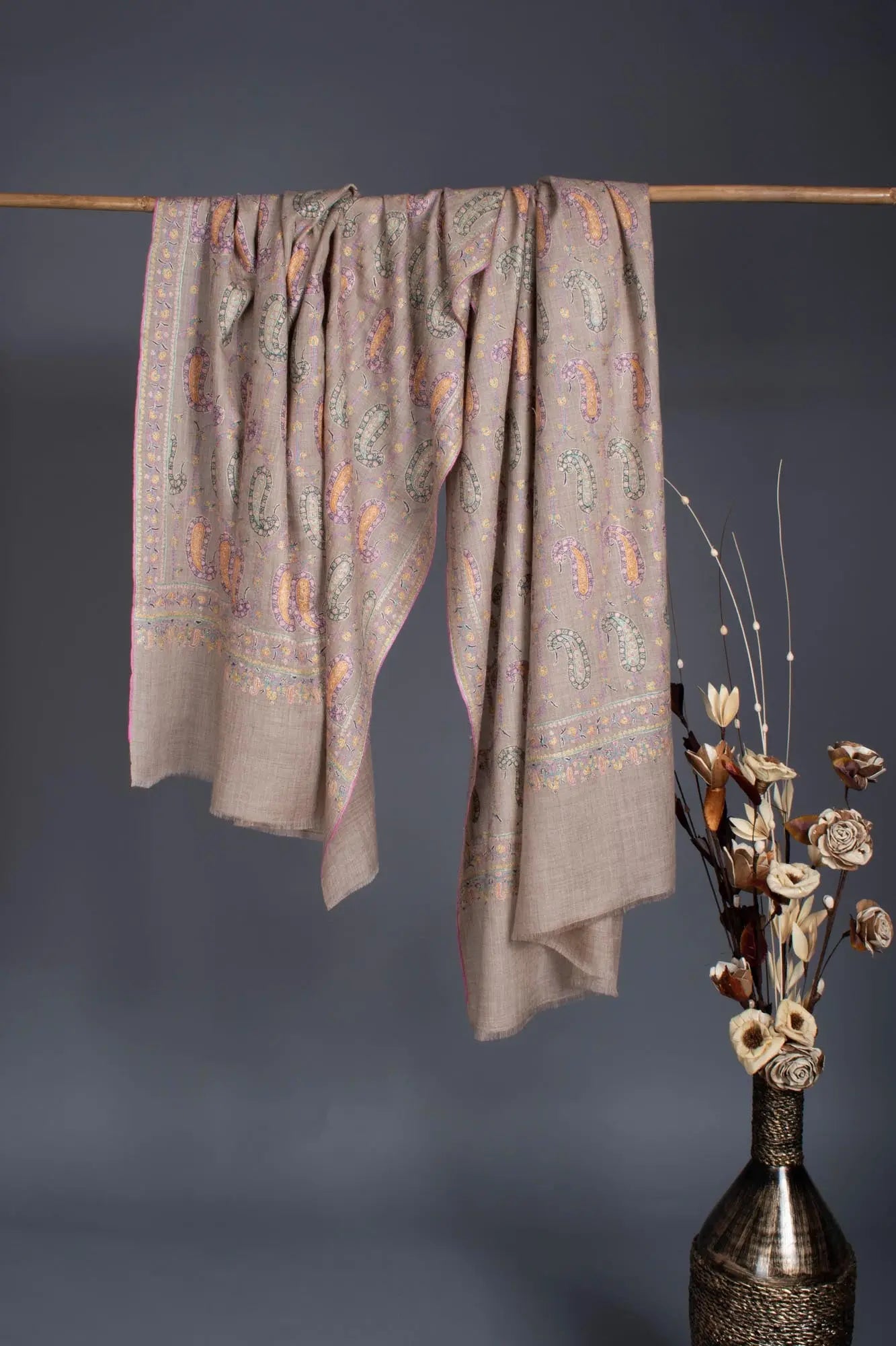 Hand Embroidered Mughal Paisley Pashmina Wrap - TOWN Shahkaar