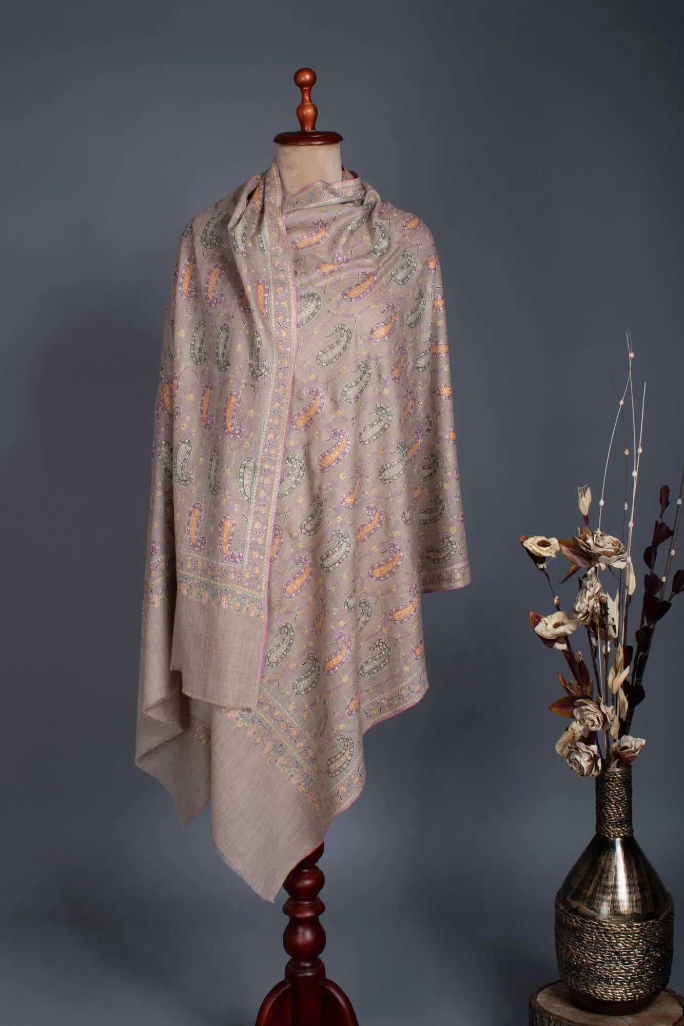 Hand Embroidered Mughal Paisley Pashmina Wrap - TOWN Shahkaar