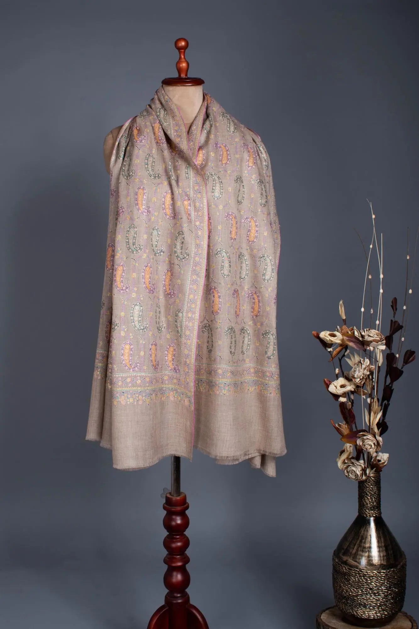 Hand Embroidered Mughal Paisley Pashmina Wrap - TOWN Shahkaar