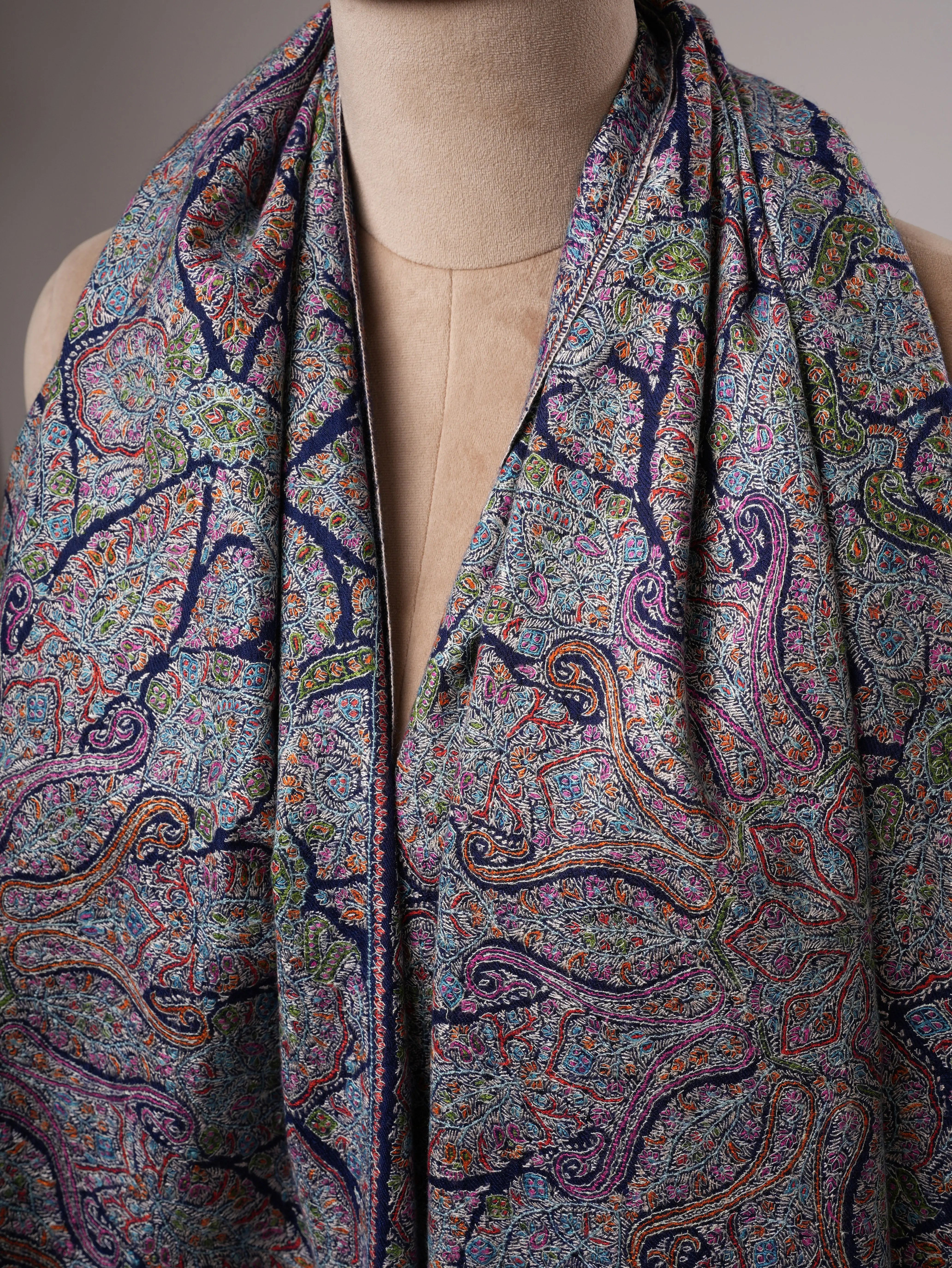 Hand Embroidered Navy Blue Jamavar Shawl with Tarukh Motif Shahkaar