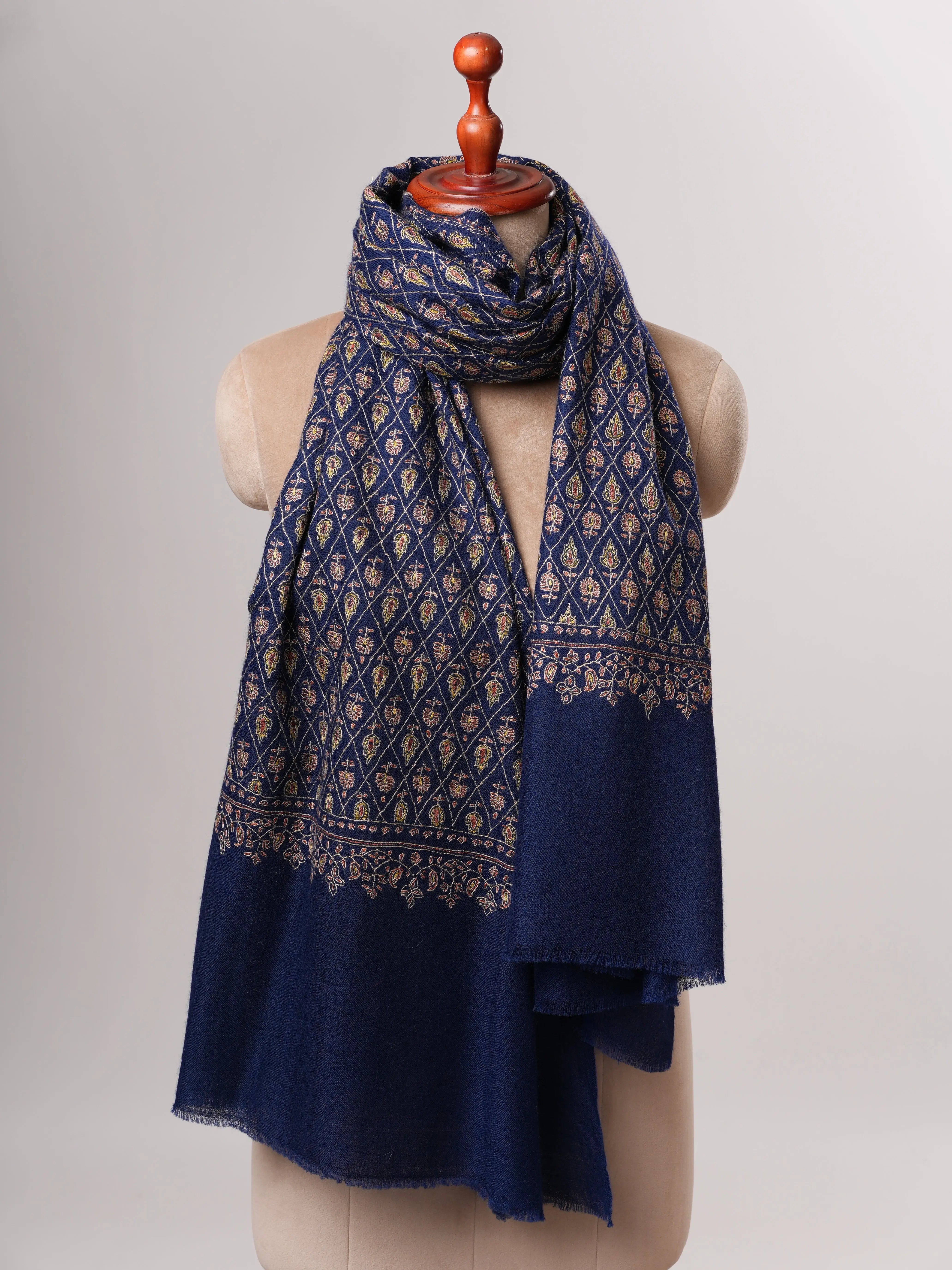 Hand Embroidered Navy Blue Kashmiri Cashmere Scarf Shahkaar