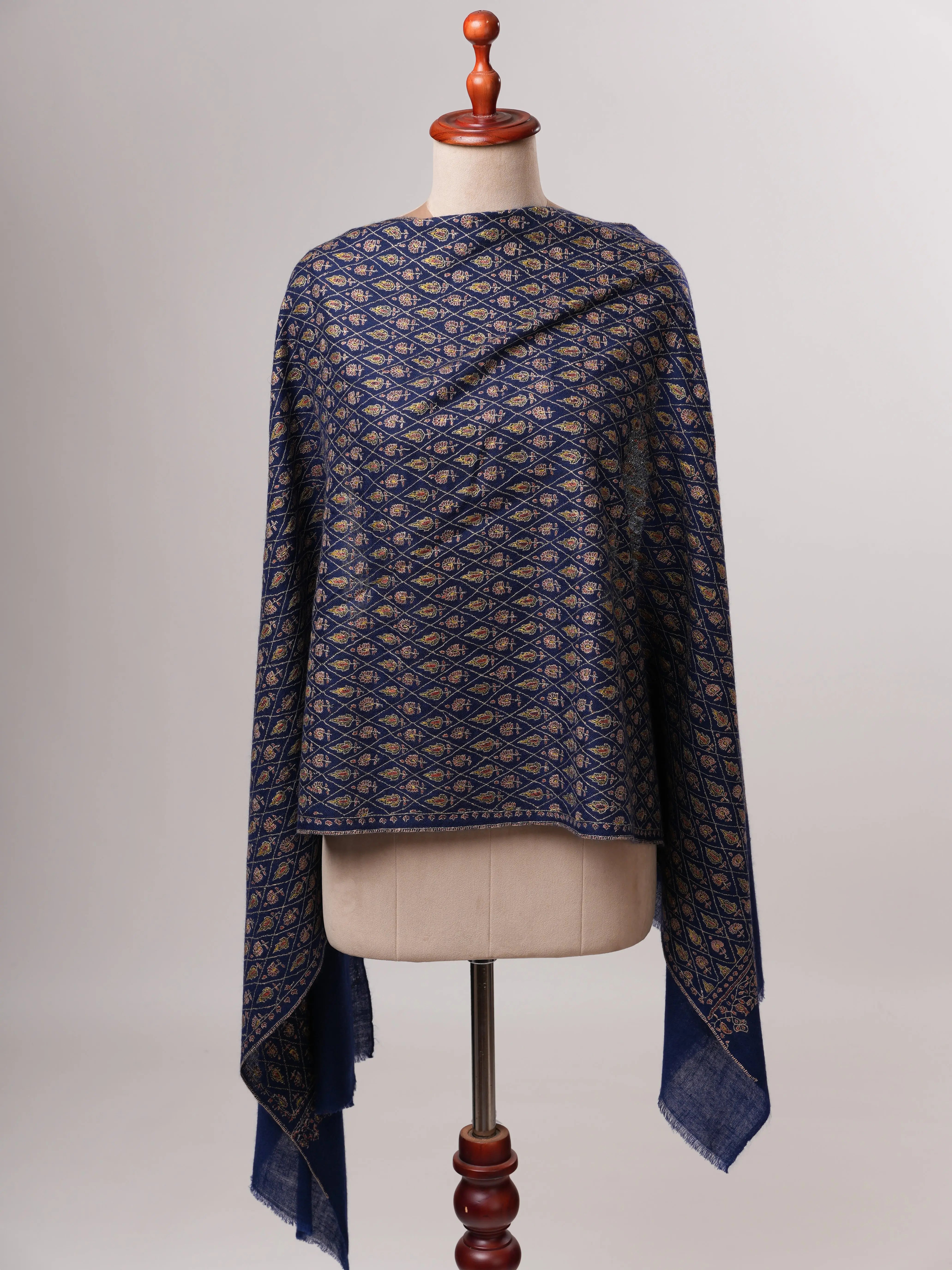 Hand Embroidered Navy Blue Kashmiri Cashmere Scarf Shahkaar
