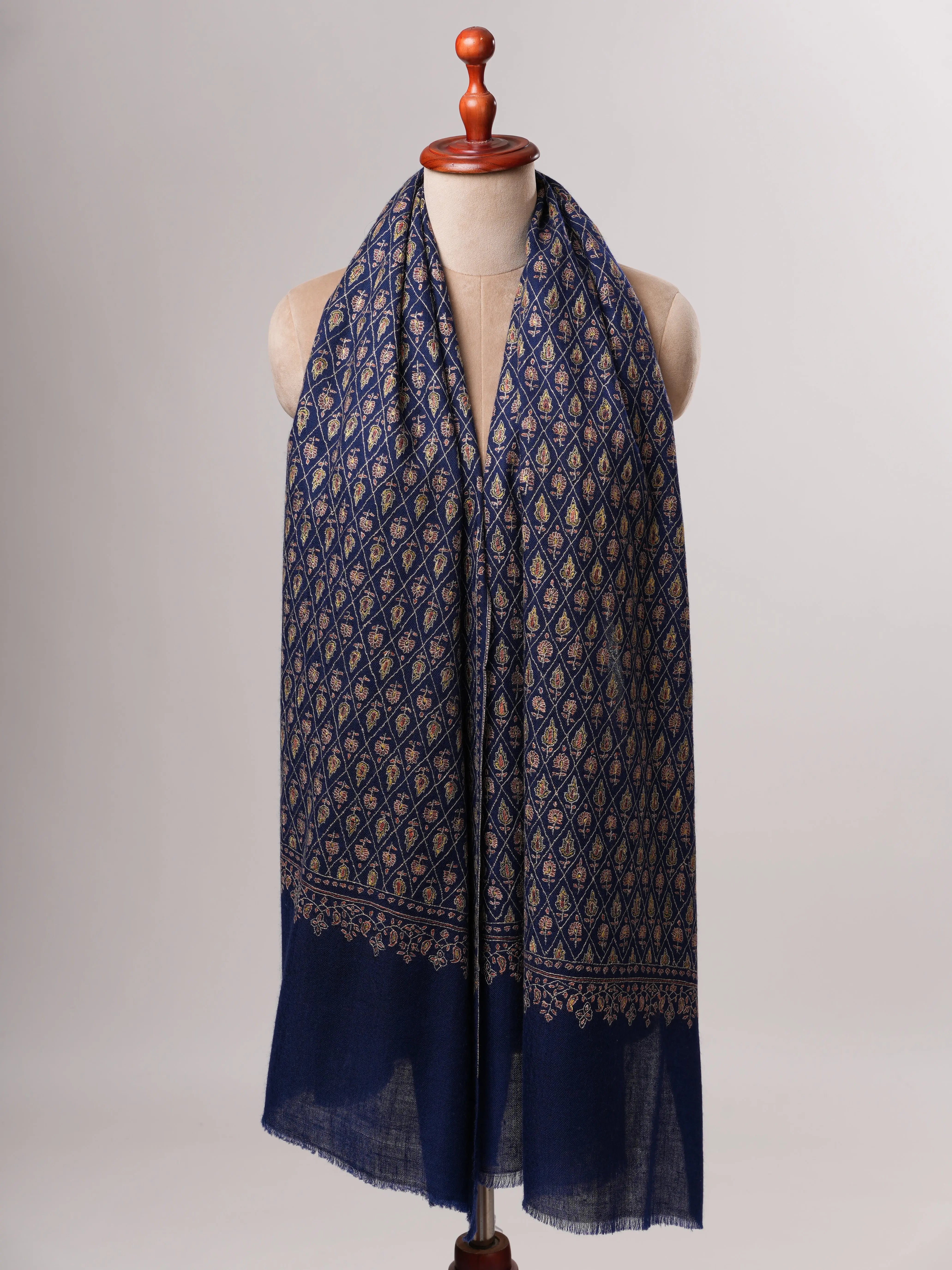Hand Embroidered Navy Blue Kashmiri Cashmere Scarf Shahkaar