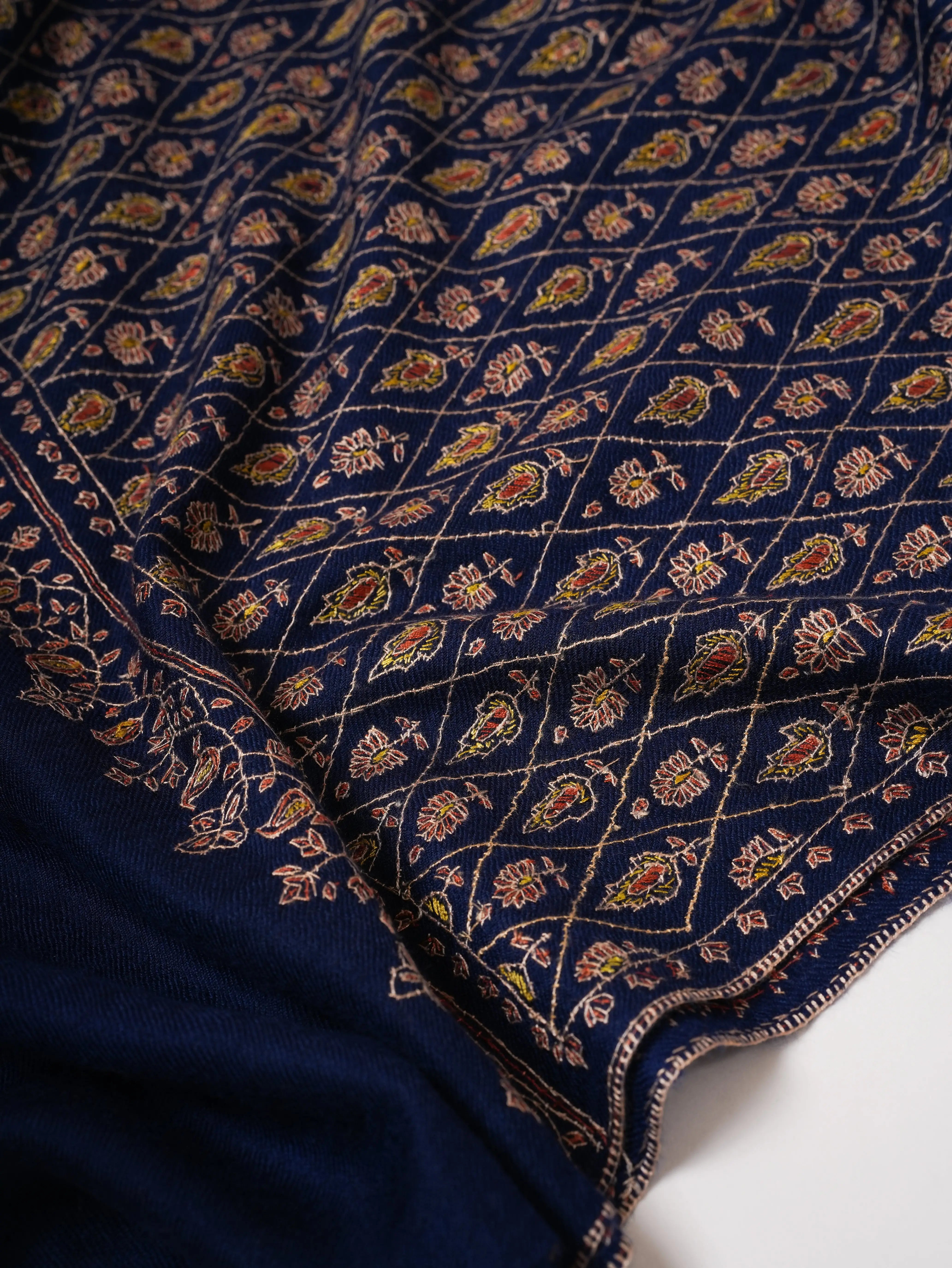 Hand Embroidered Navy Blue Kashmiri Cashmere Scarf Shahkaar