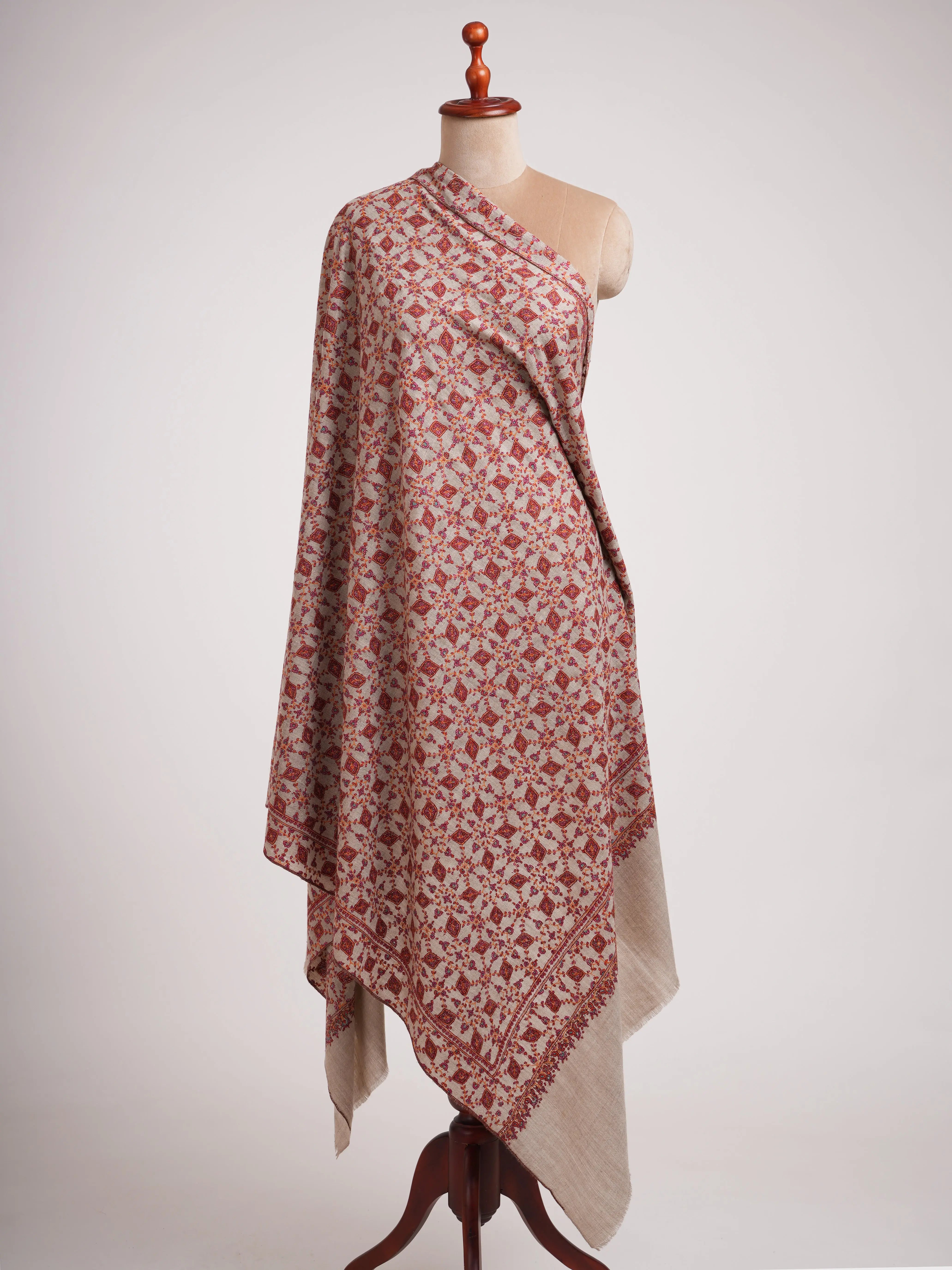 Hand Embroidered Neem Jamavar Pashmina Shawl Natural Taupe Shahkaar