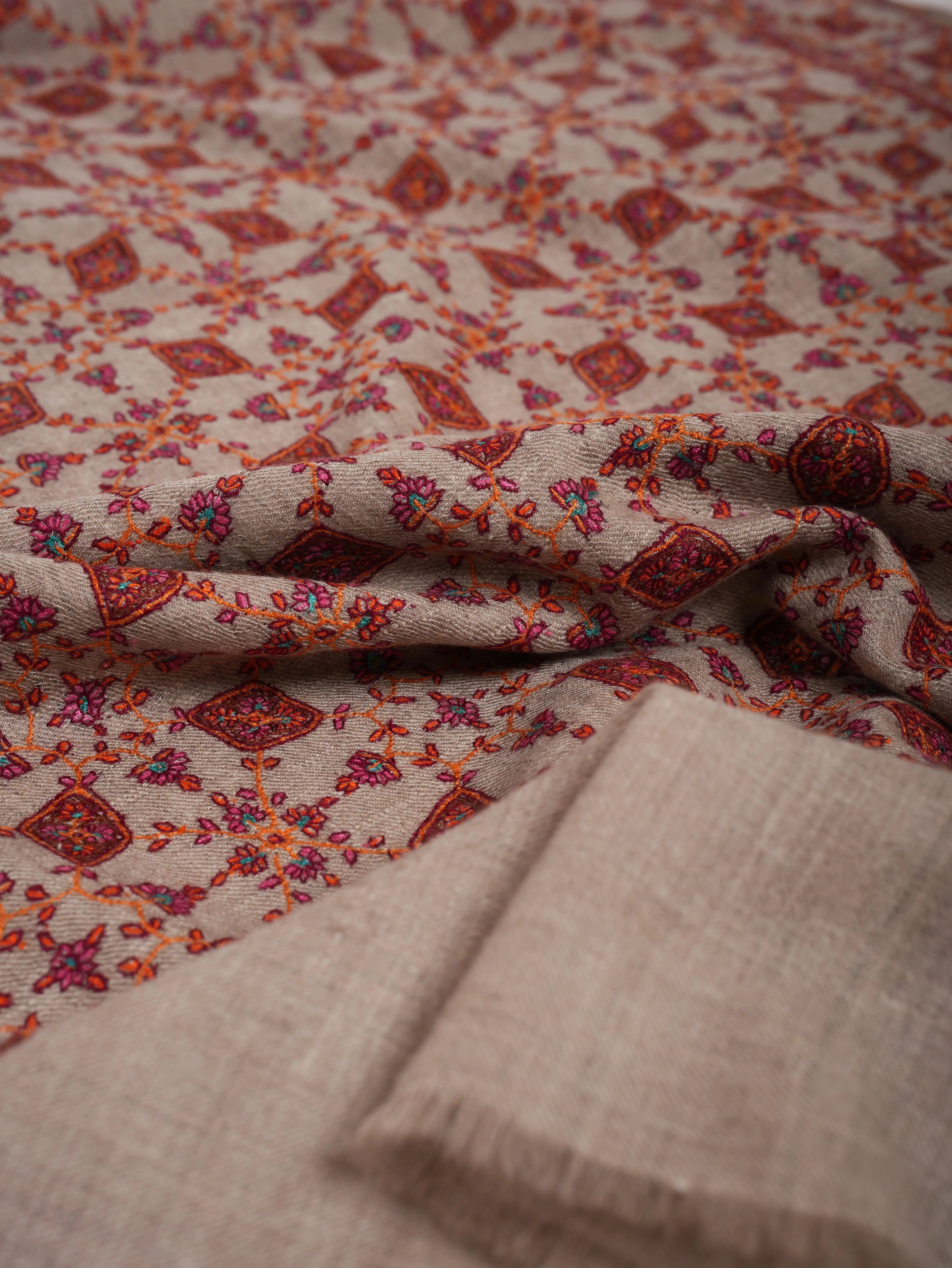 Hand Embroidered Neem Jamavar Pashmina Shawl Natural Taupe Shahkaar