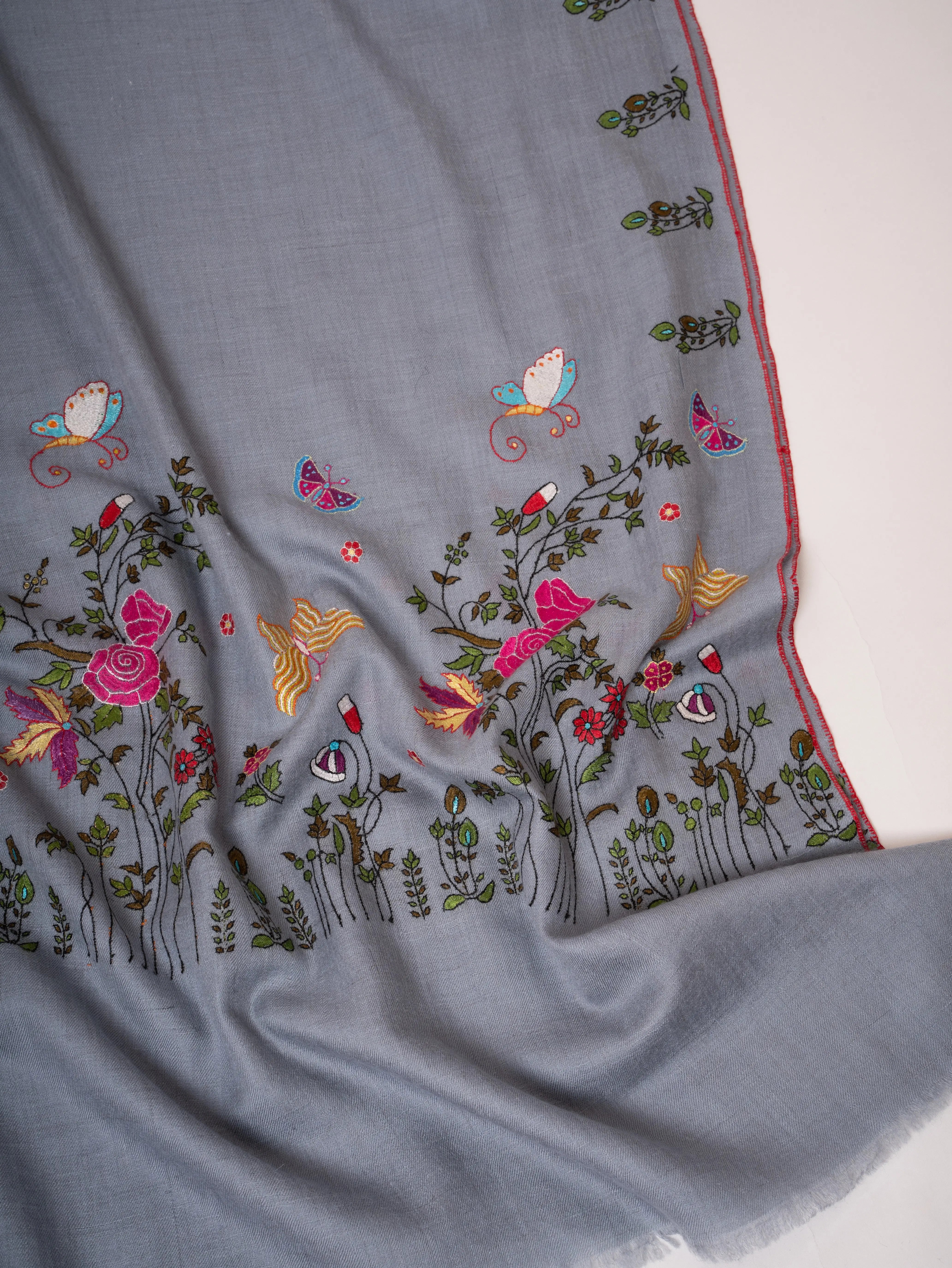 Hand Embroidered Pashmina Shawl Roses & Butterfly Motifs on Shorter Ends Shahkaar