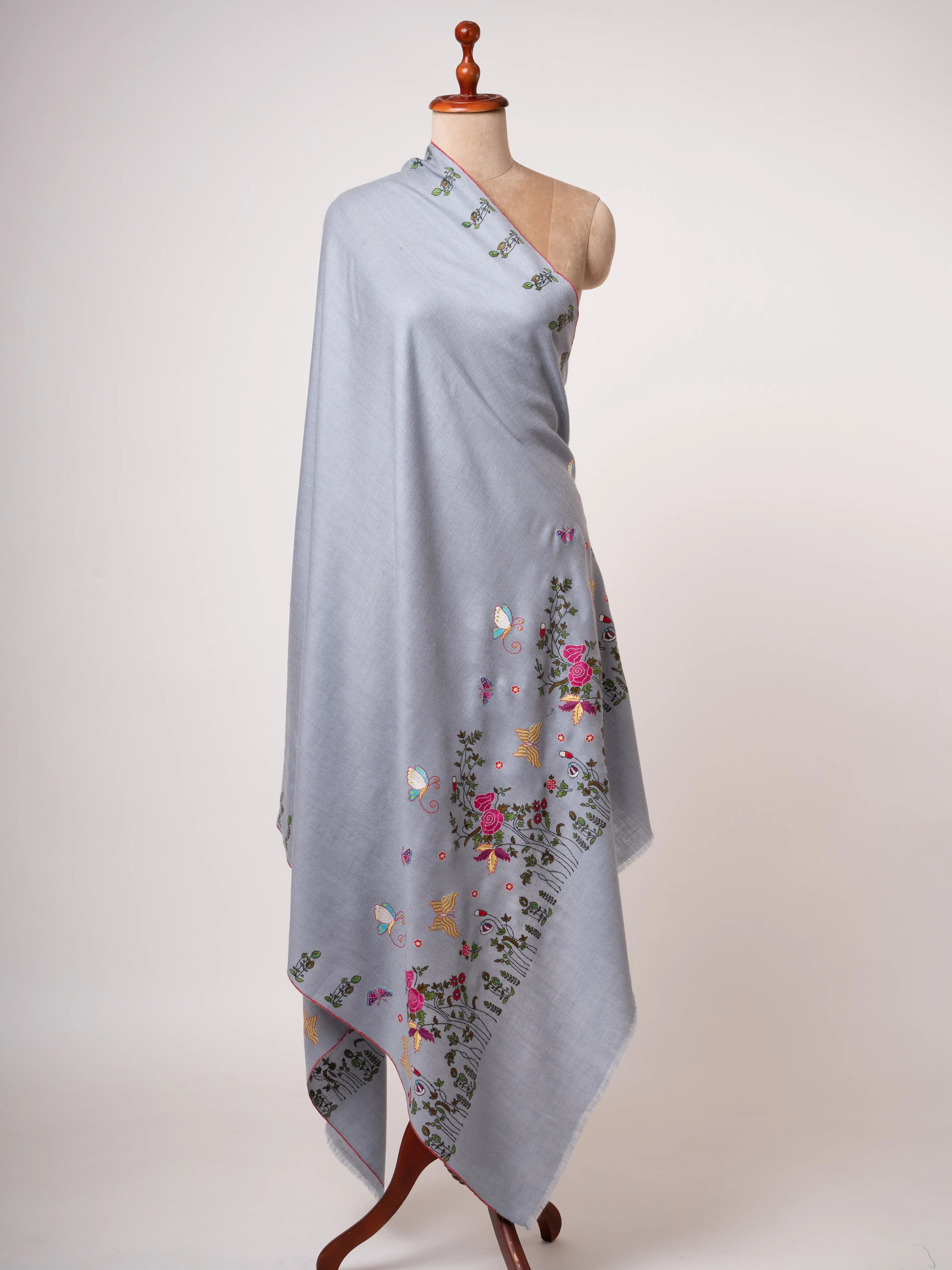 Hand Embroidered Pashmina Shawl Roses & Butterfly Motifs on Shorter Ends Shahkaar