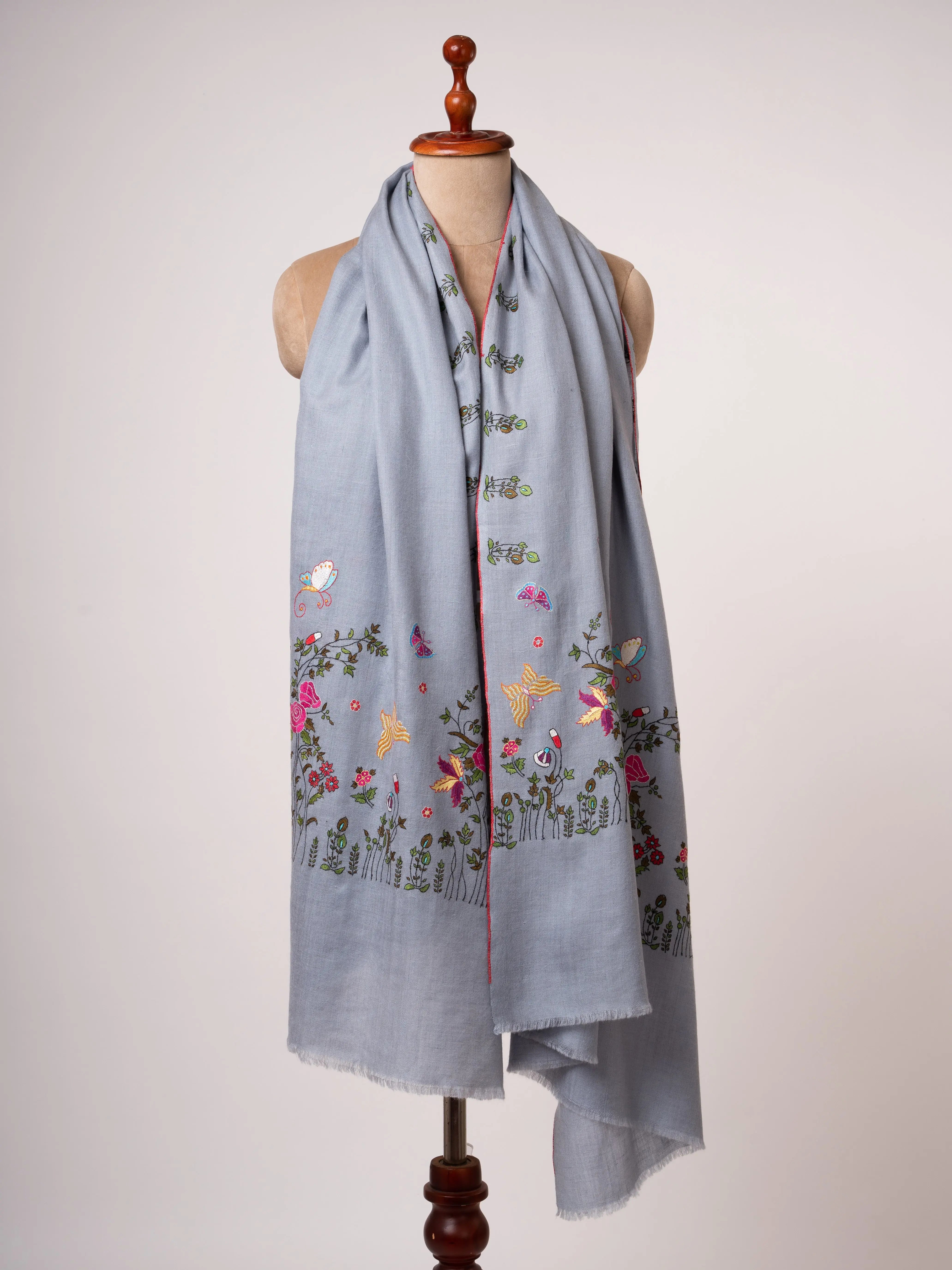 Hand Embroidered Pashmina Shawl Roses & Butterfly Motifs on Shorter Ends Shahkaar