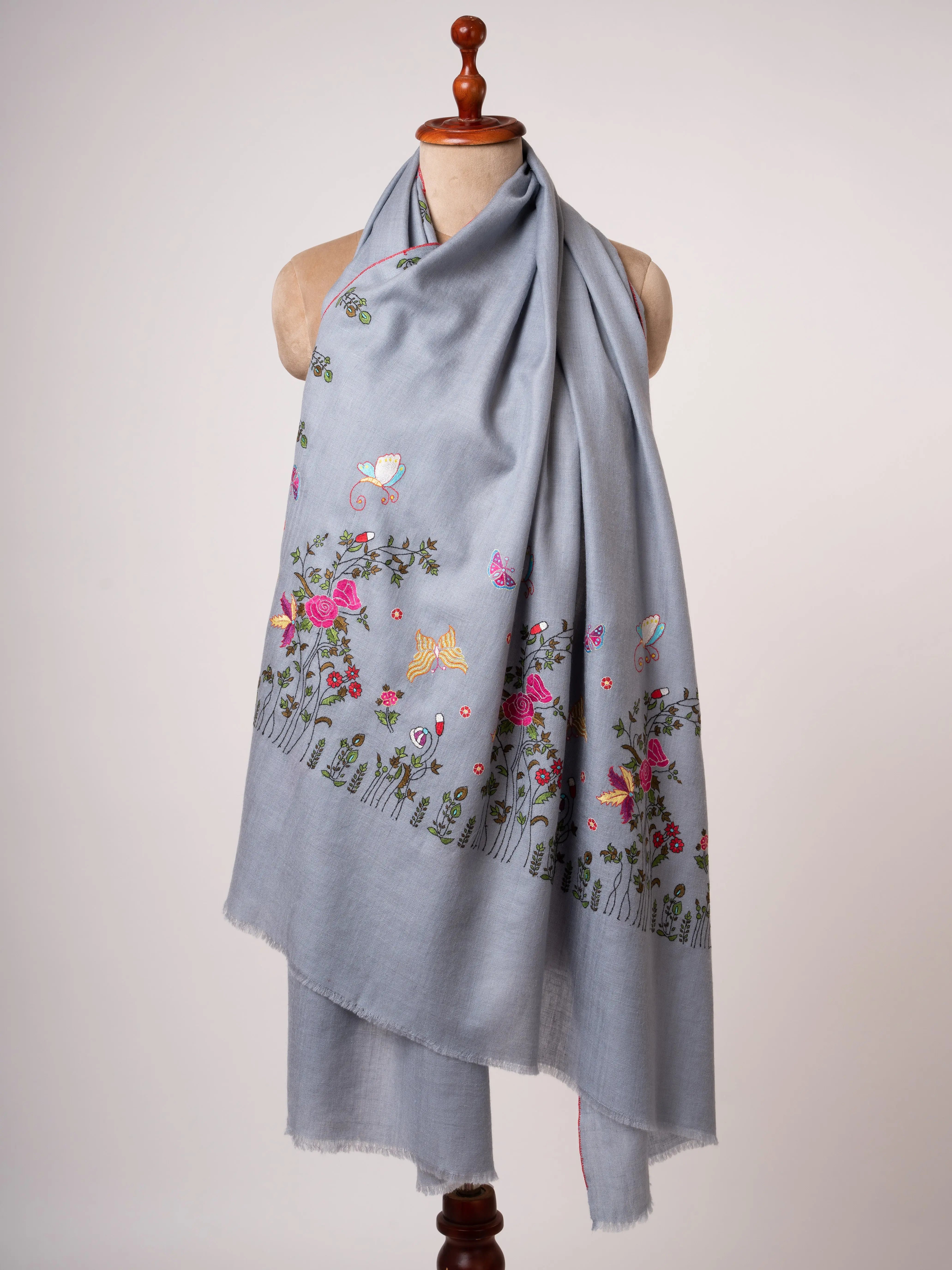 Hand Embroidered Pashmina Shawl Roses & Butterfly Motifs on Shorter Ends Shahkaar