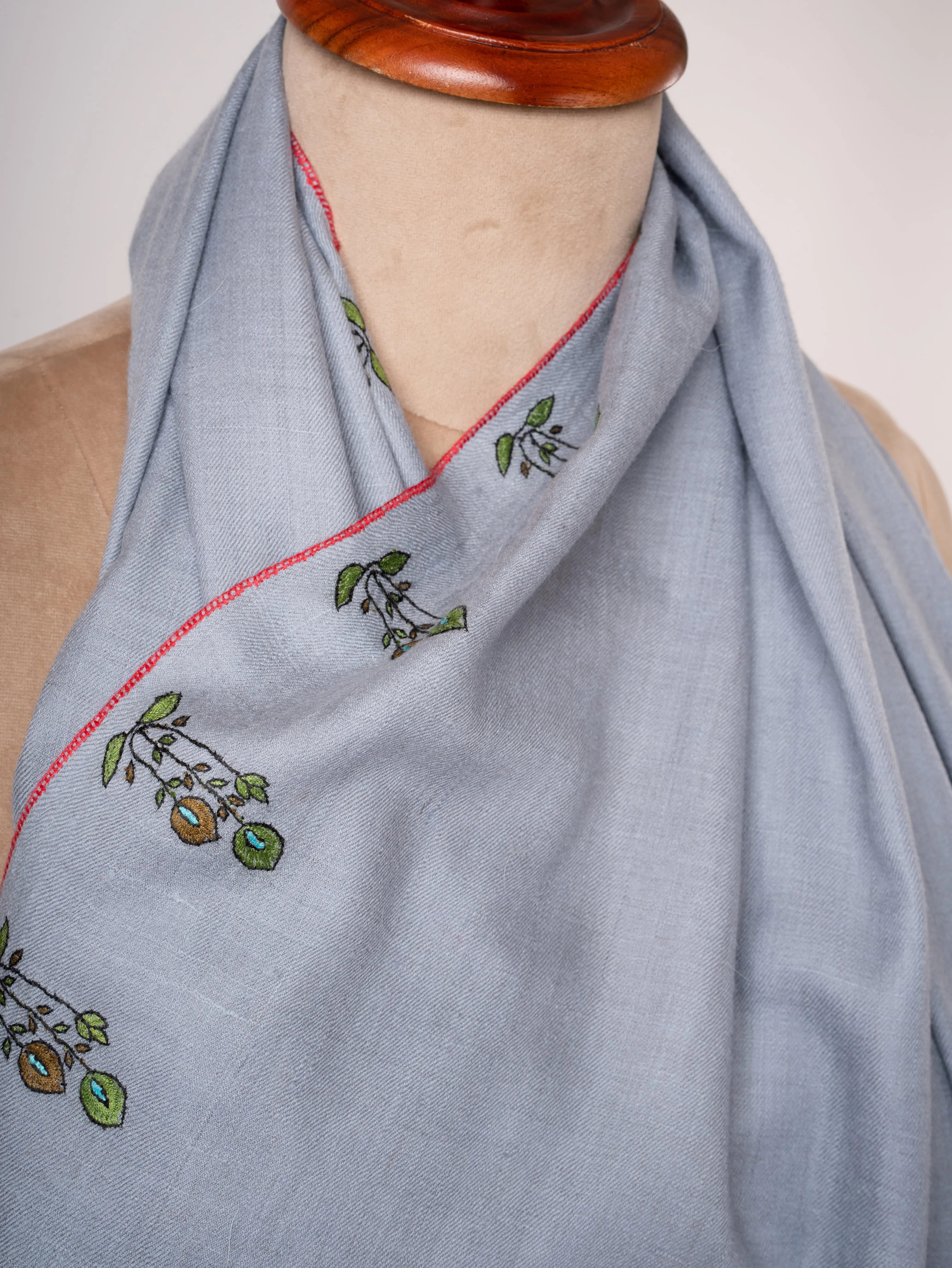 Hand Embroidered Pashmina Shawl Roses & Butterfly Motifs on Shorter Ends Shahkaar