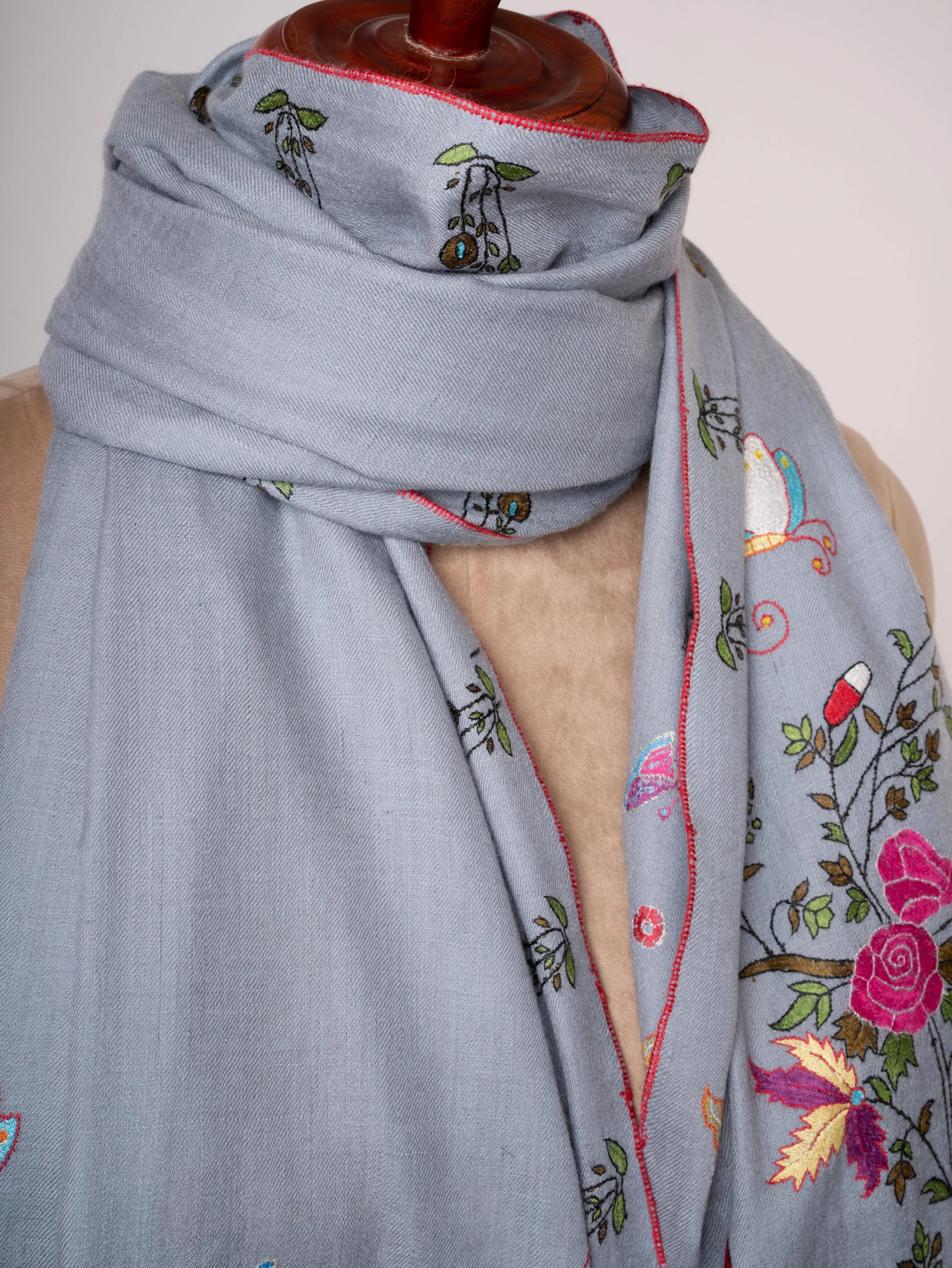 Hand Embroidered Pashmina Shawl Roses & Butterfly Motifs on Shorter Ends Shahkaar