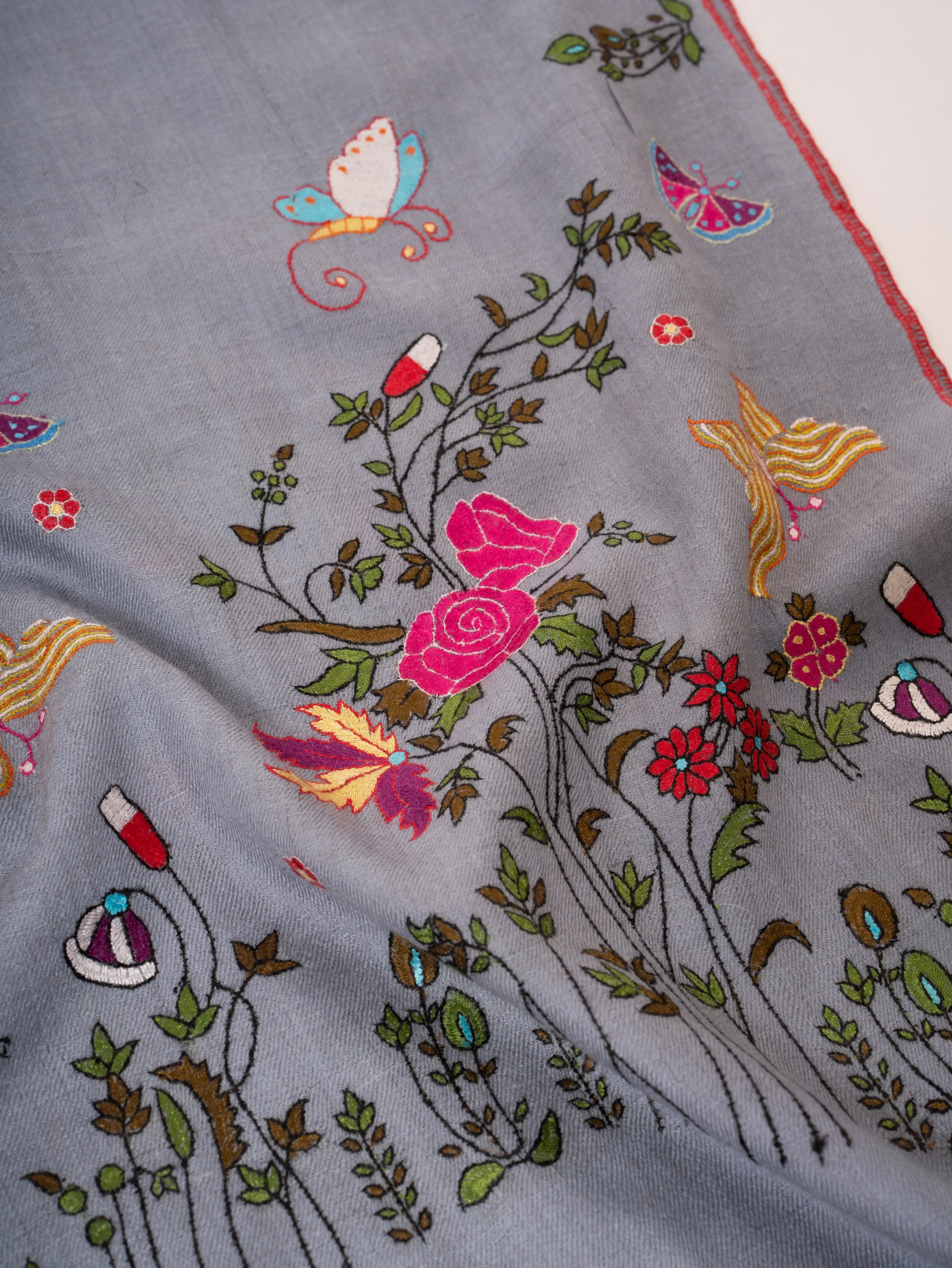 Hand Embroidered Pashmina Shawl Roses & Butterfly Motifs on Shorter Ends Shahkaar