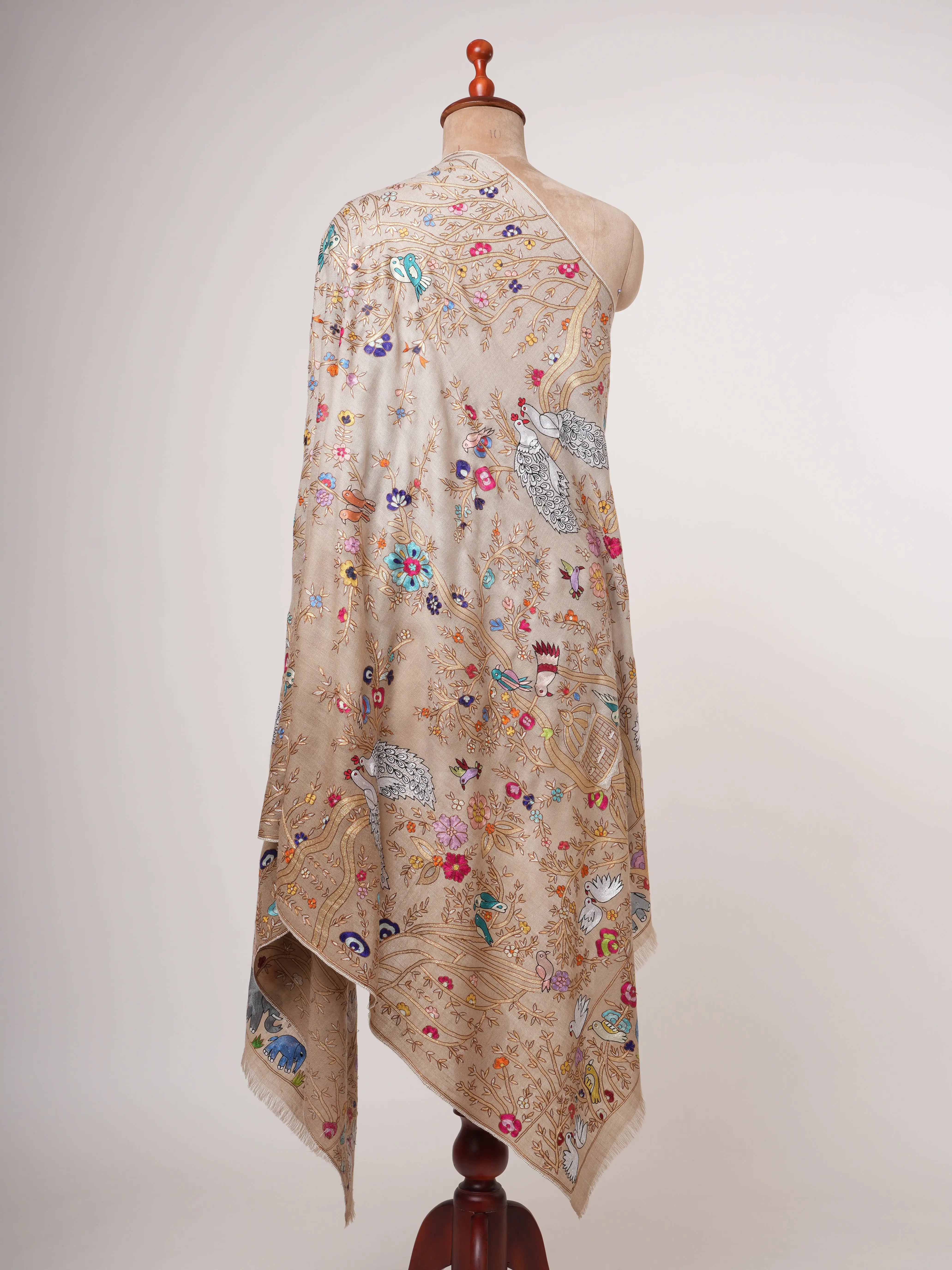 Hand Embroidered Pashmina Shawl with Scenic Birds Shahkaar