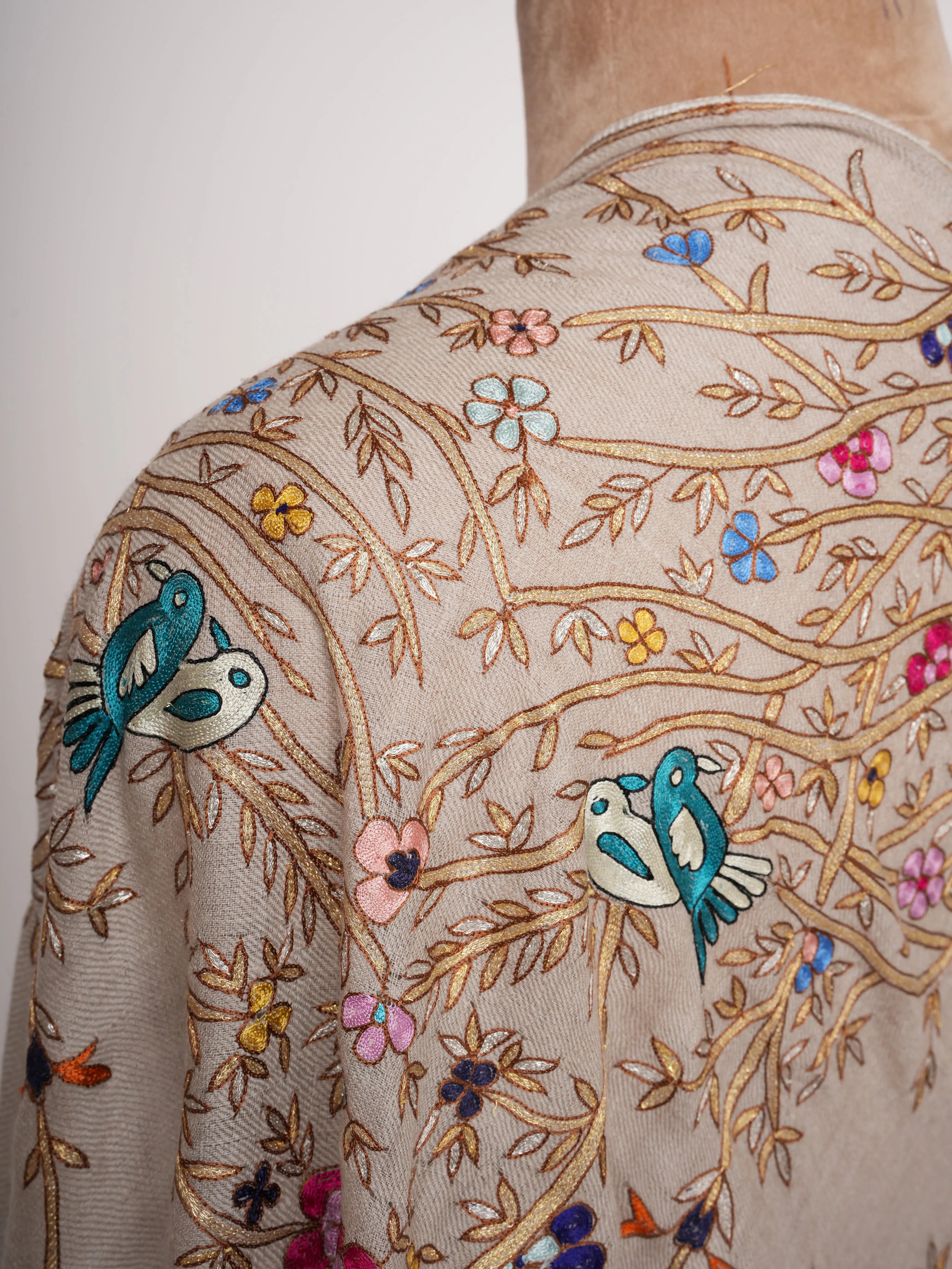 Hand Embroidered Pashmina Shawl with Scenic Birds Shahkaar