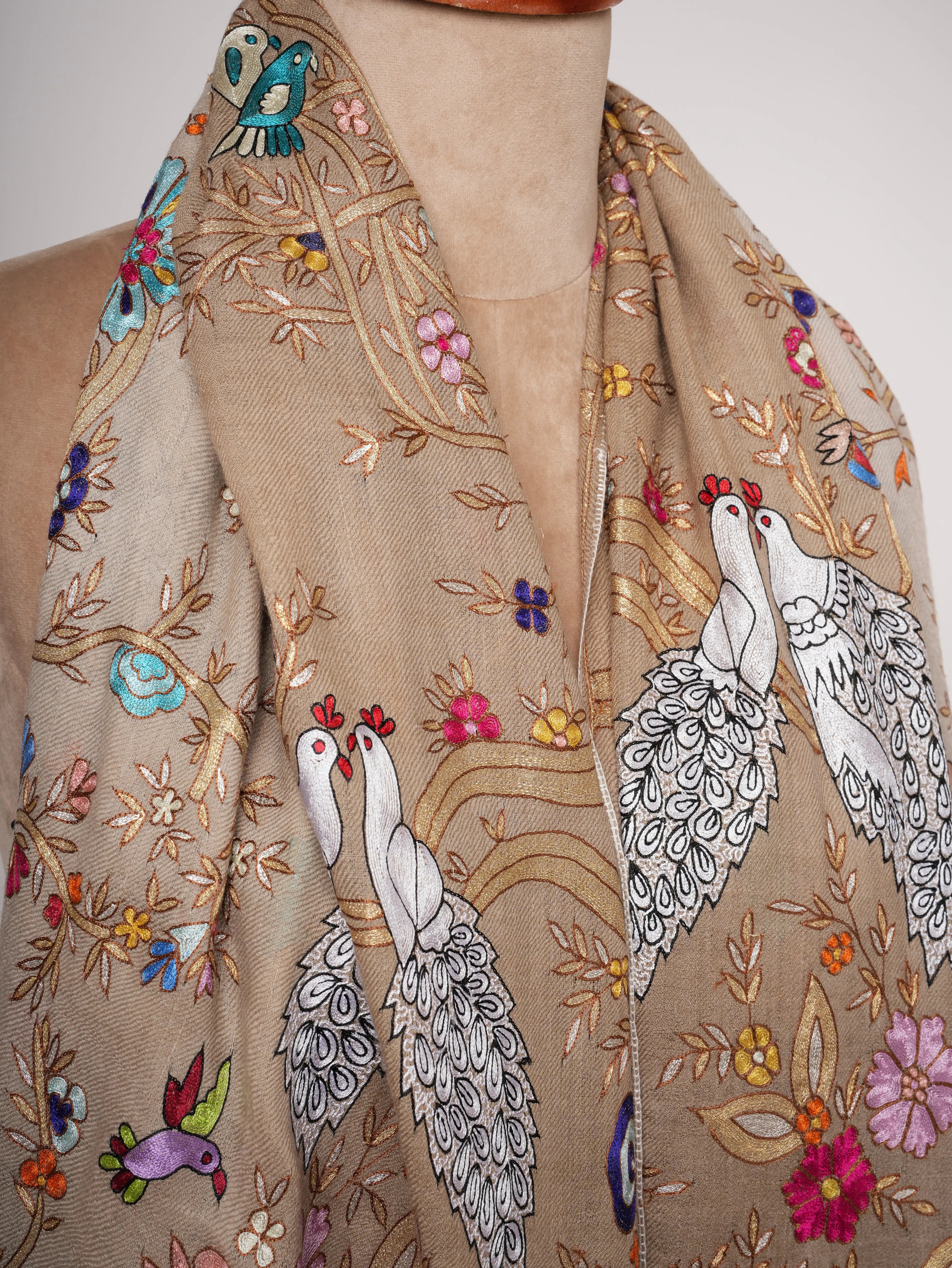 Hand Embroidered Pashmina Shawl with Scenic Birds Shahkaar
