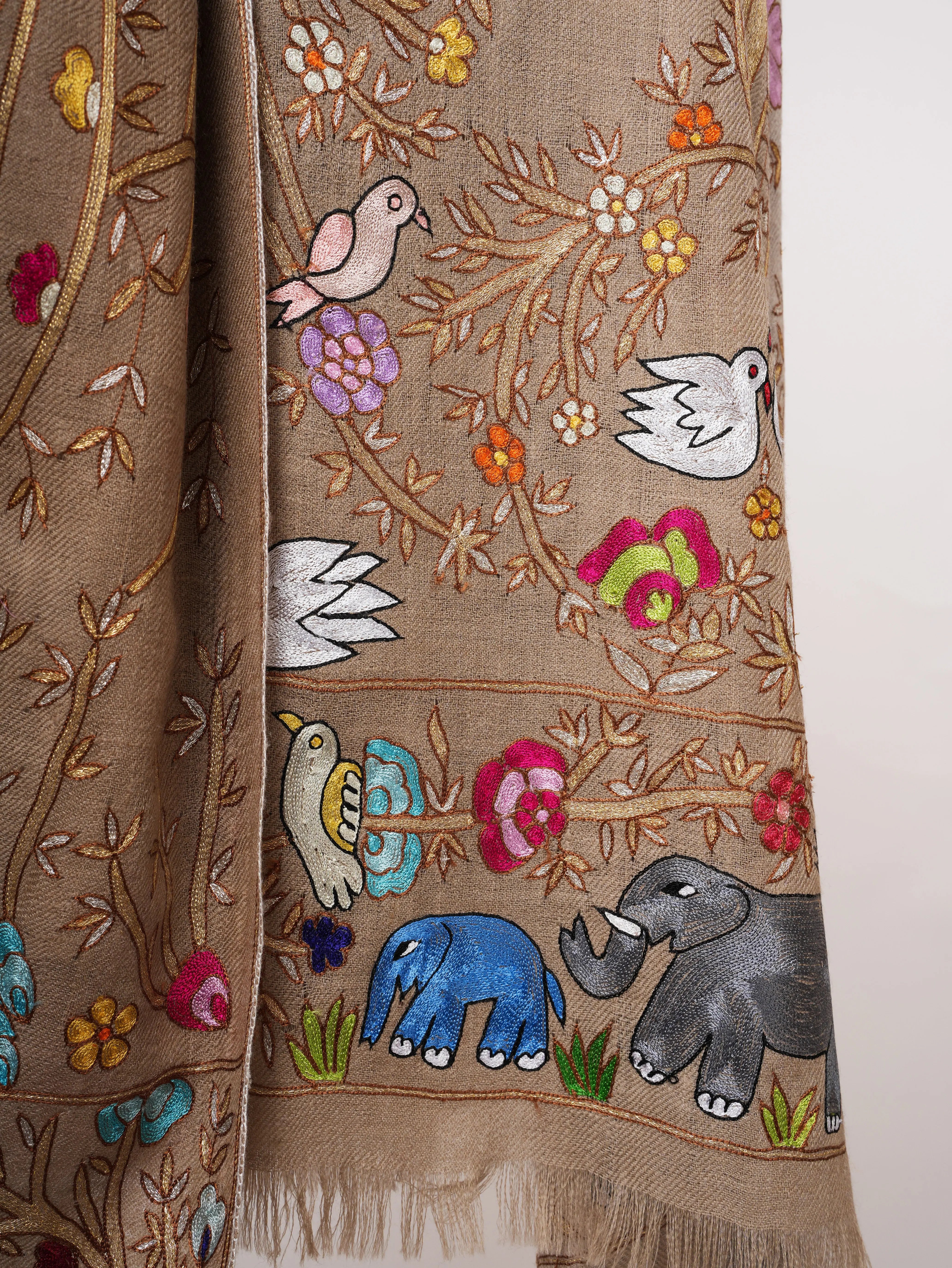 Hand Embroidered Pashmina Shawl with Scenic Birds Shahkaar