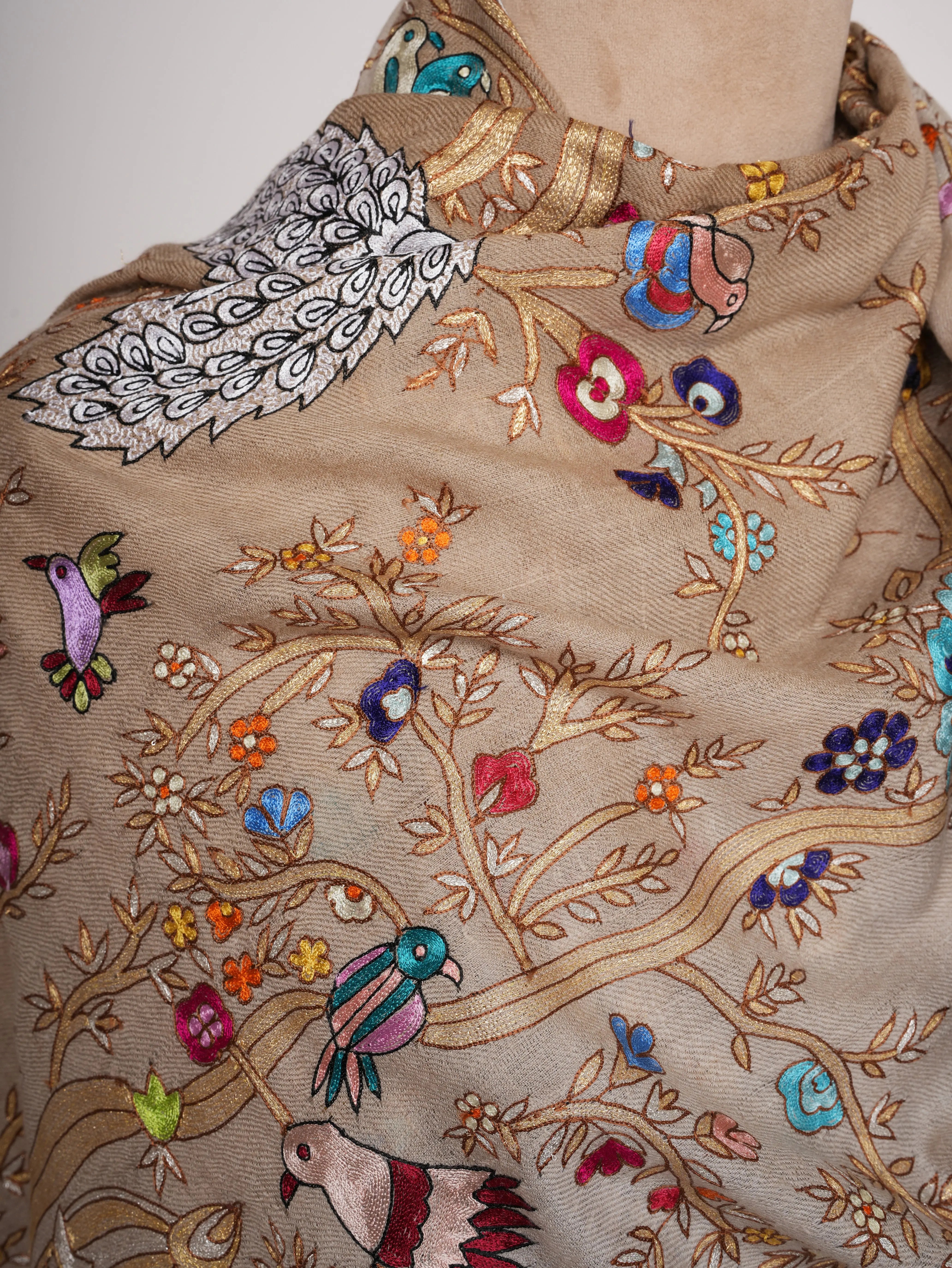 Hand Embroidered Pashmina Shawl with Scenic Birds Shahkaar