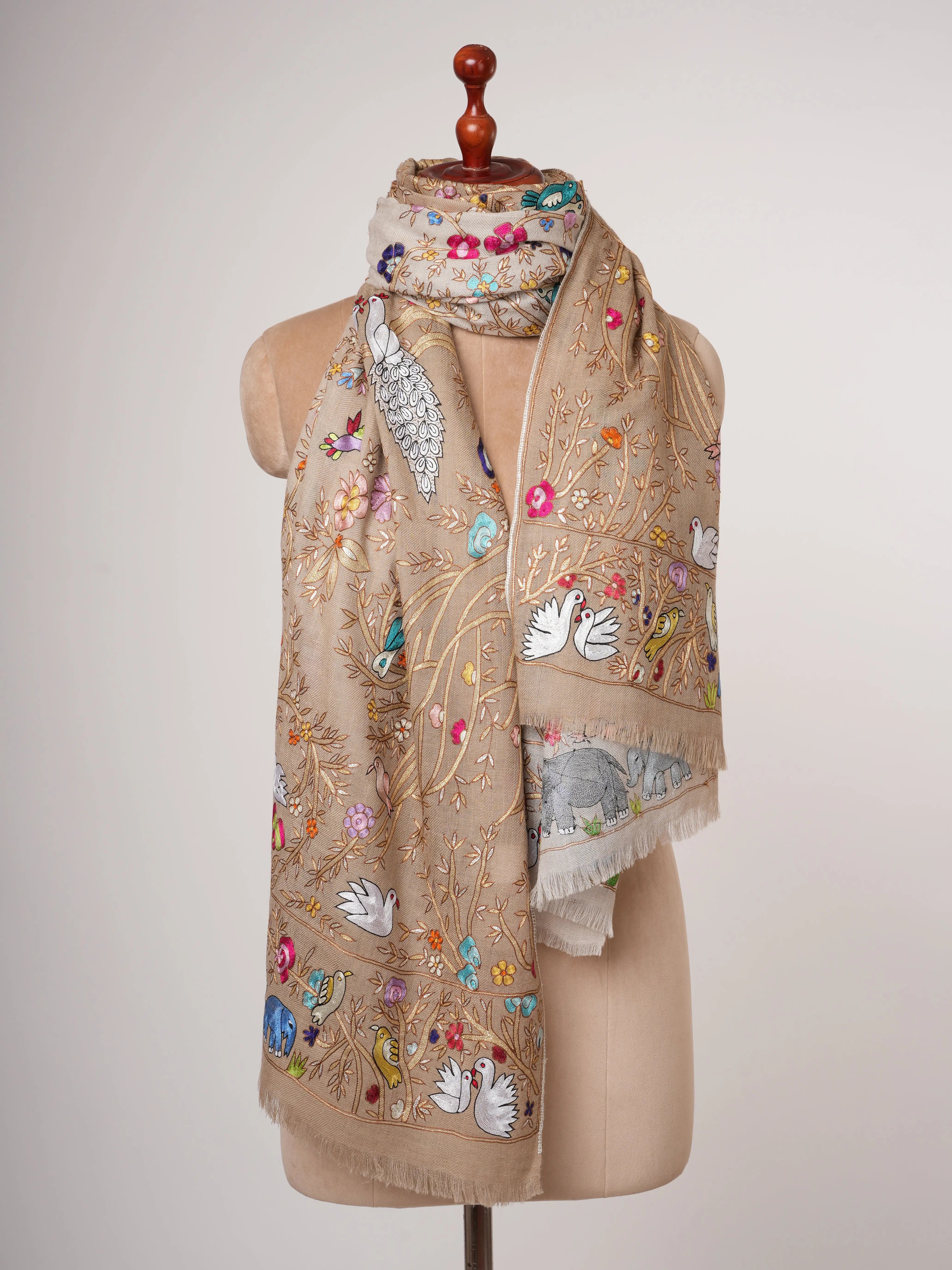 Hand Embroidered Pashmina Shawl with Scenic Birds Shahkaar