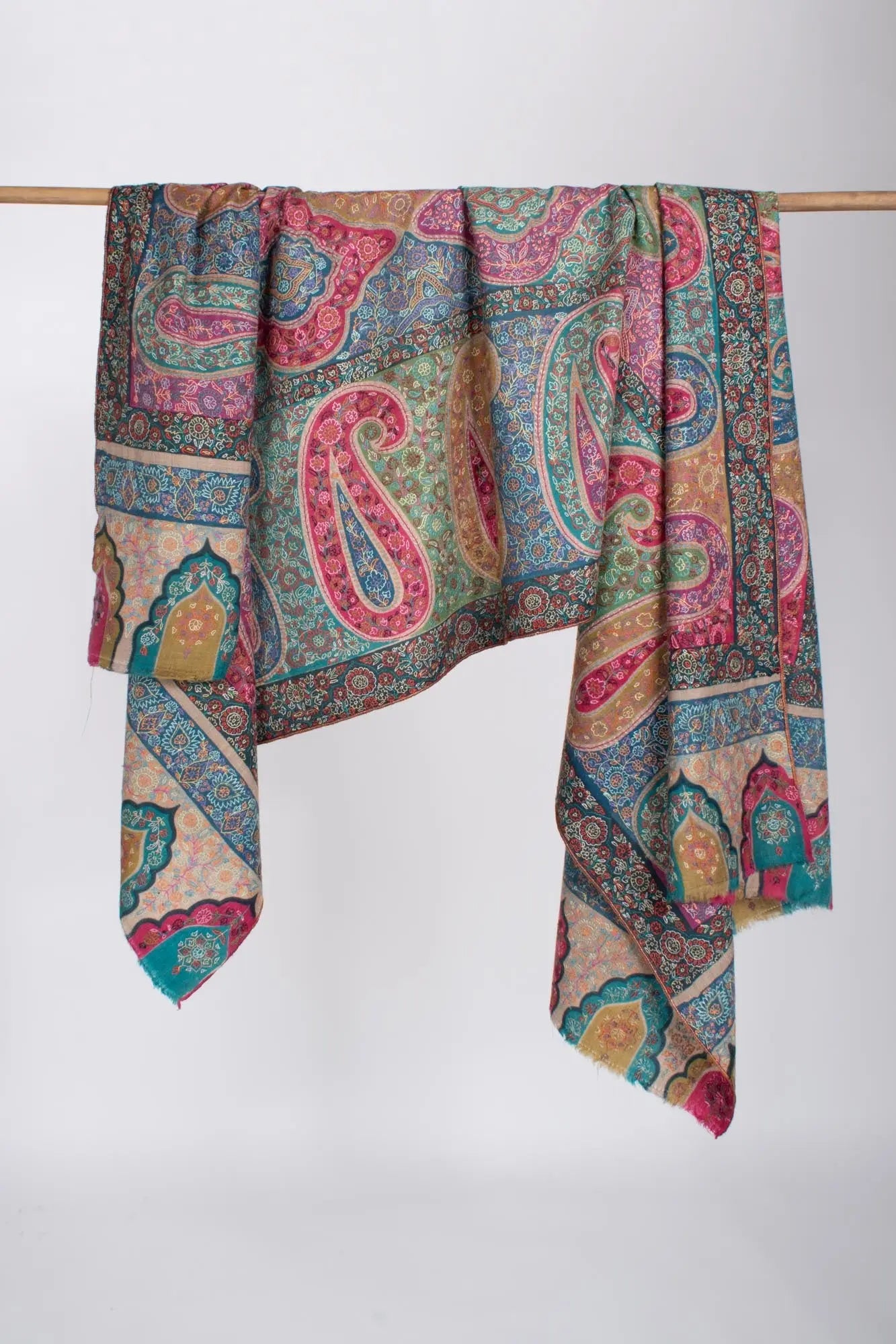 Hand Embroidered Pashmina with Paisley Motifs - PUSHKAR Shahkaar