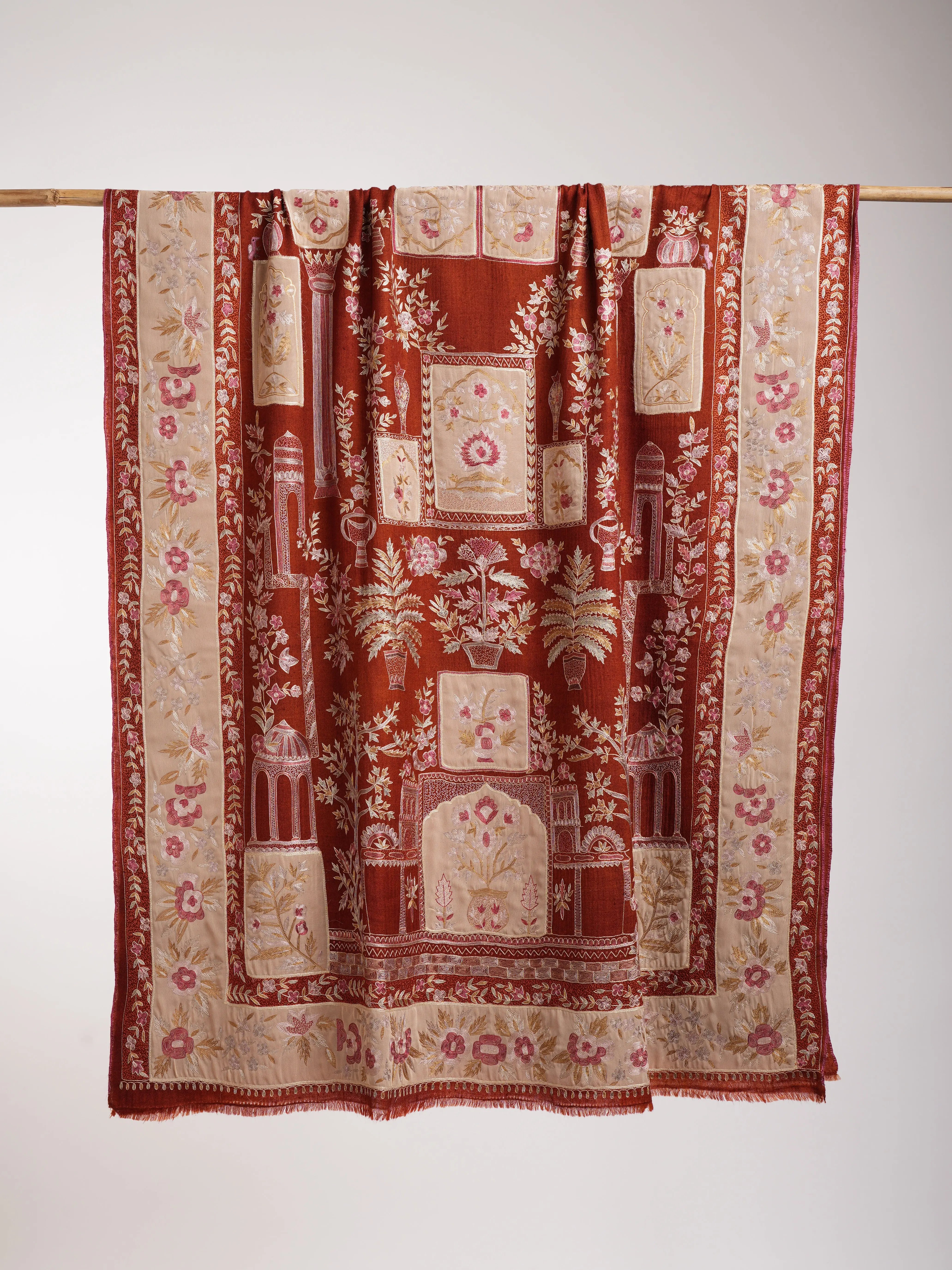 Hand Embroidered Patched Kalamkari Pashmina Shawl Cinnamon Stick Shahkaar