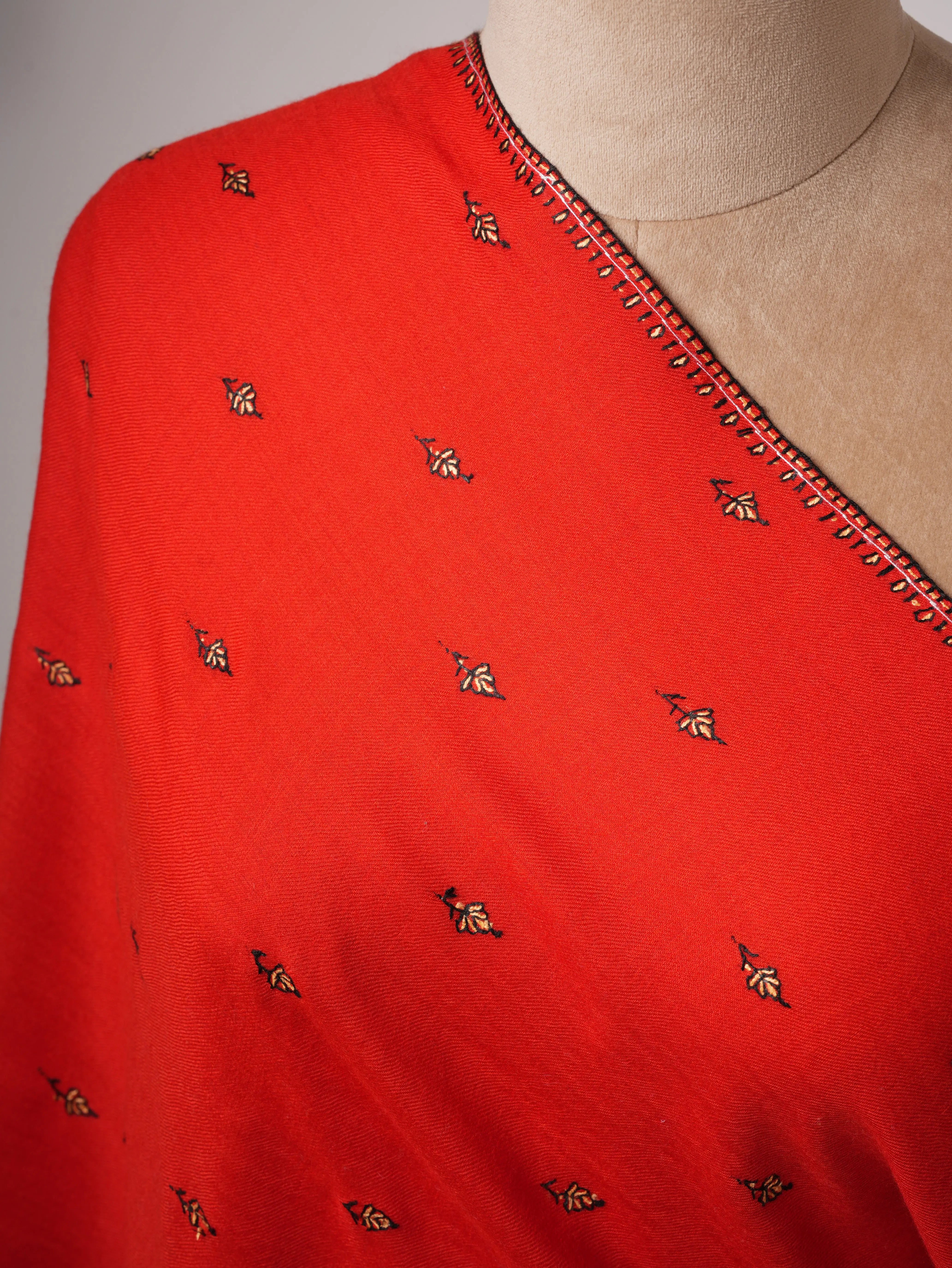 Hand Embroidered Red Fine Wool Shawl with Buteh Motif Shahkaar