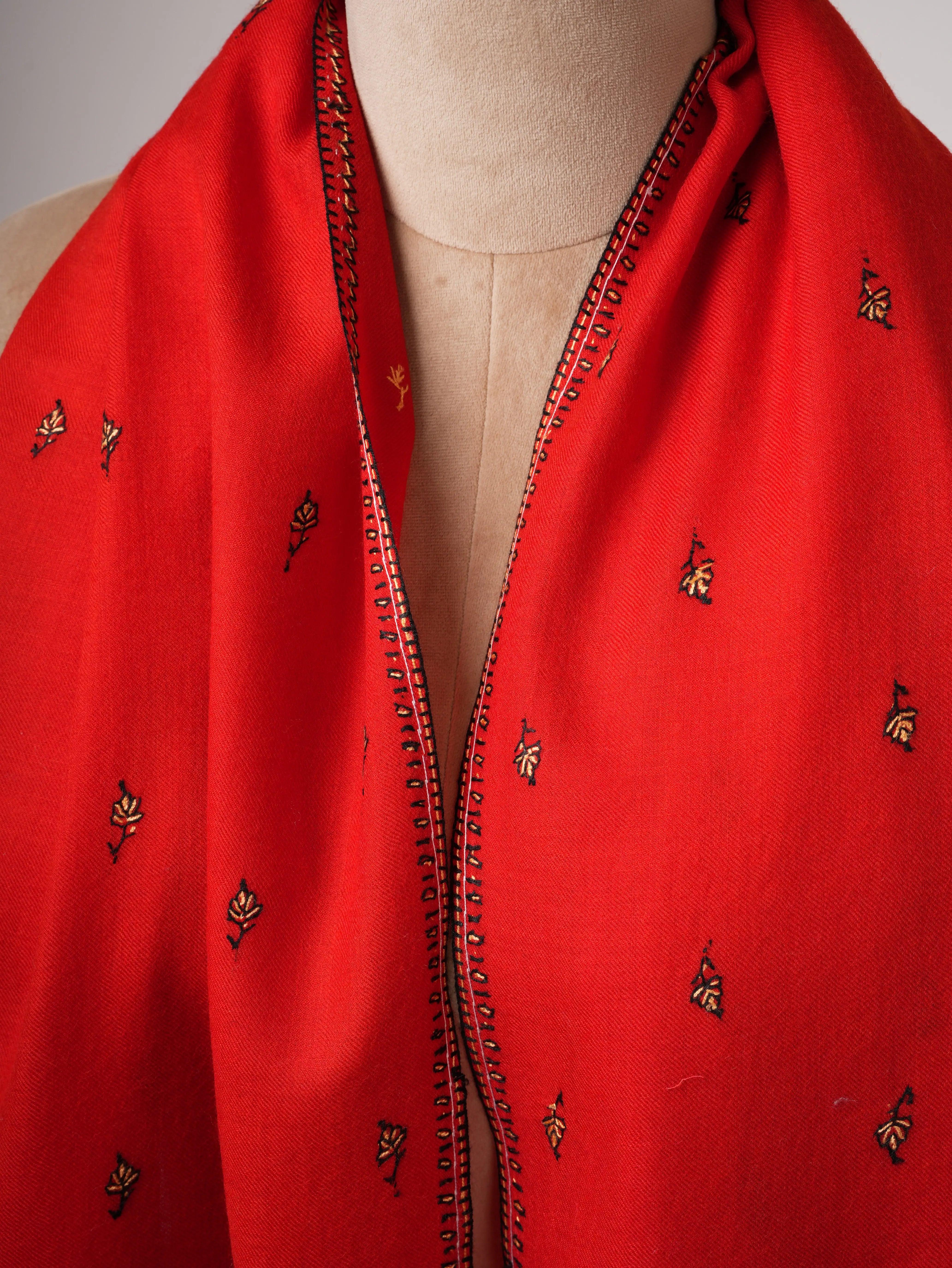 Hand Embroidered Red Fine Wool Shawl with Buteh Motif Shahkaar