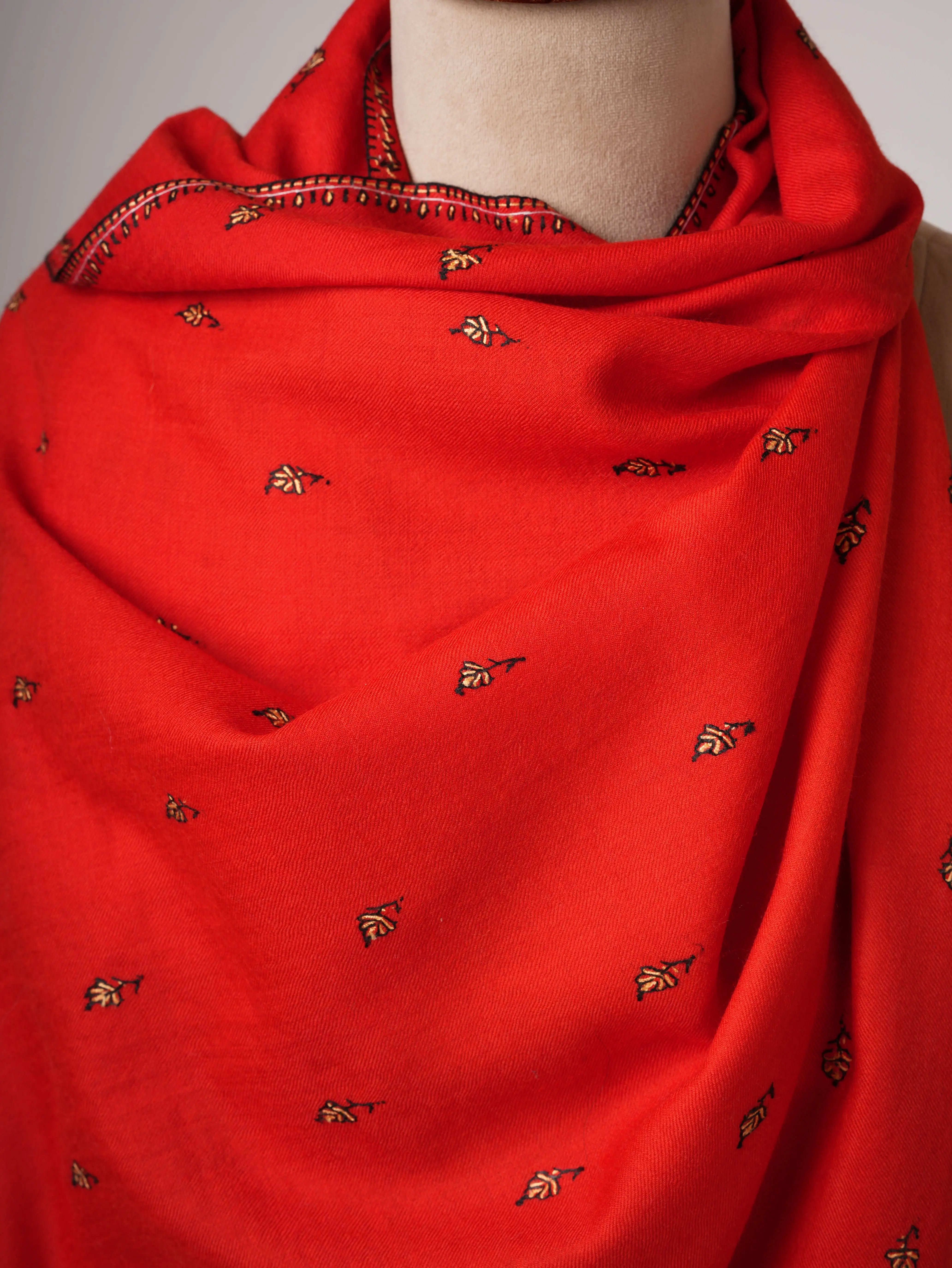 Hand Embroidered Red Fine Wool Shawl with Buteh Motif Shahkaar