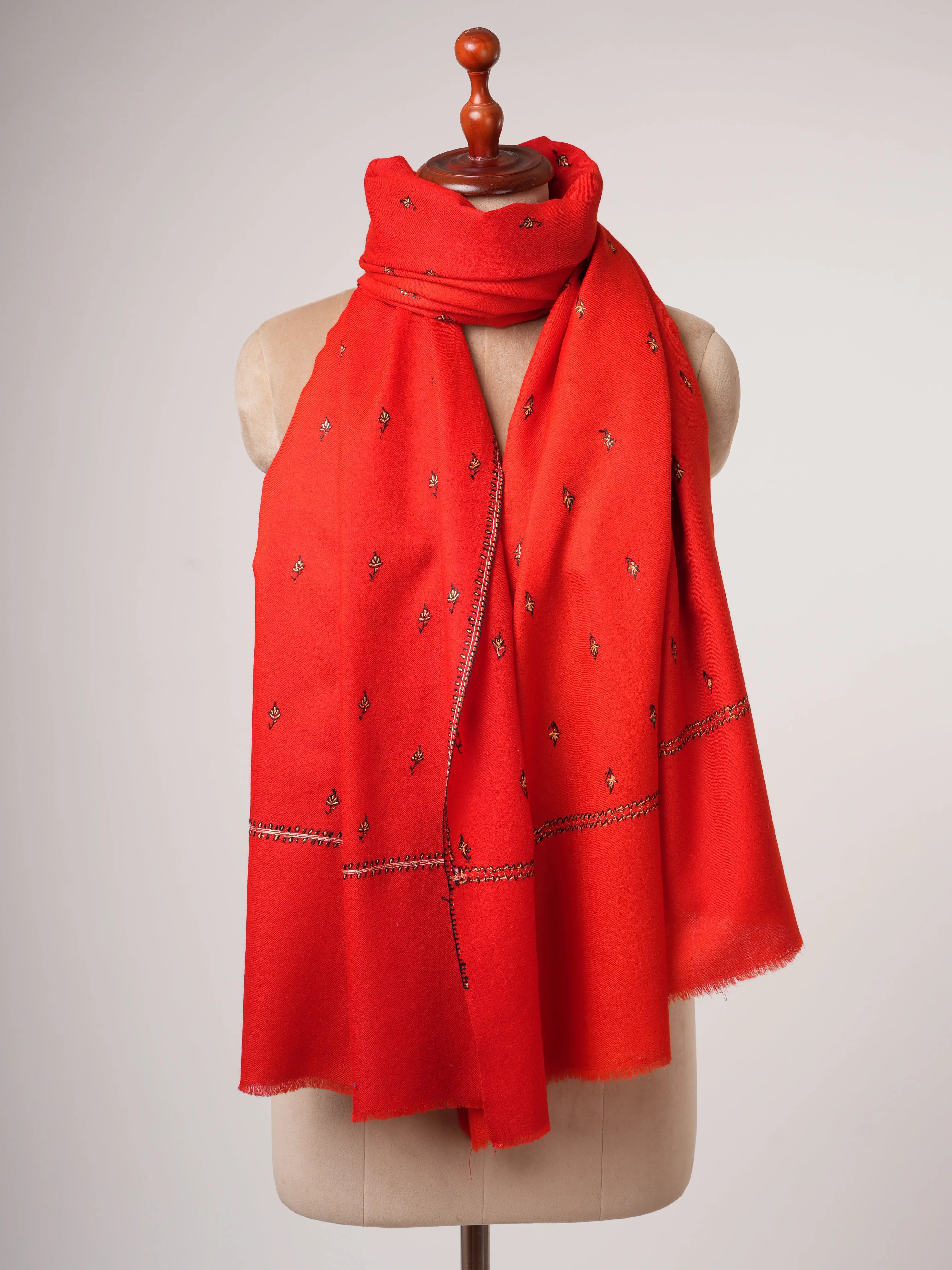 Hand Embroidered Red Fine Wool Shawl with Buteh Motif Shahkaar