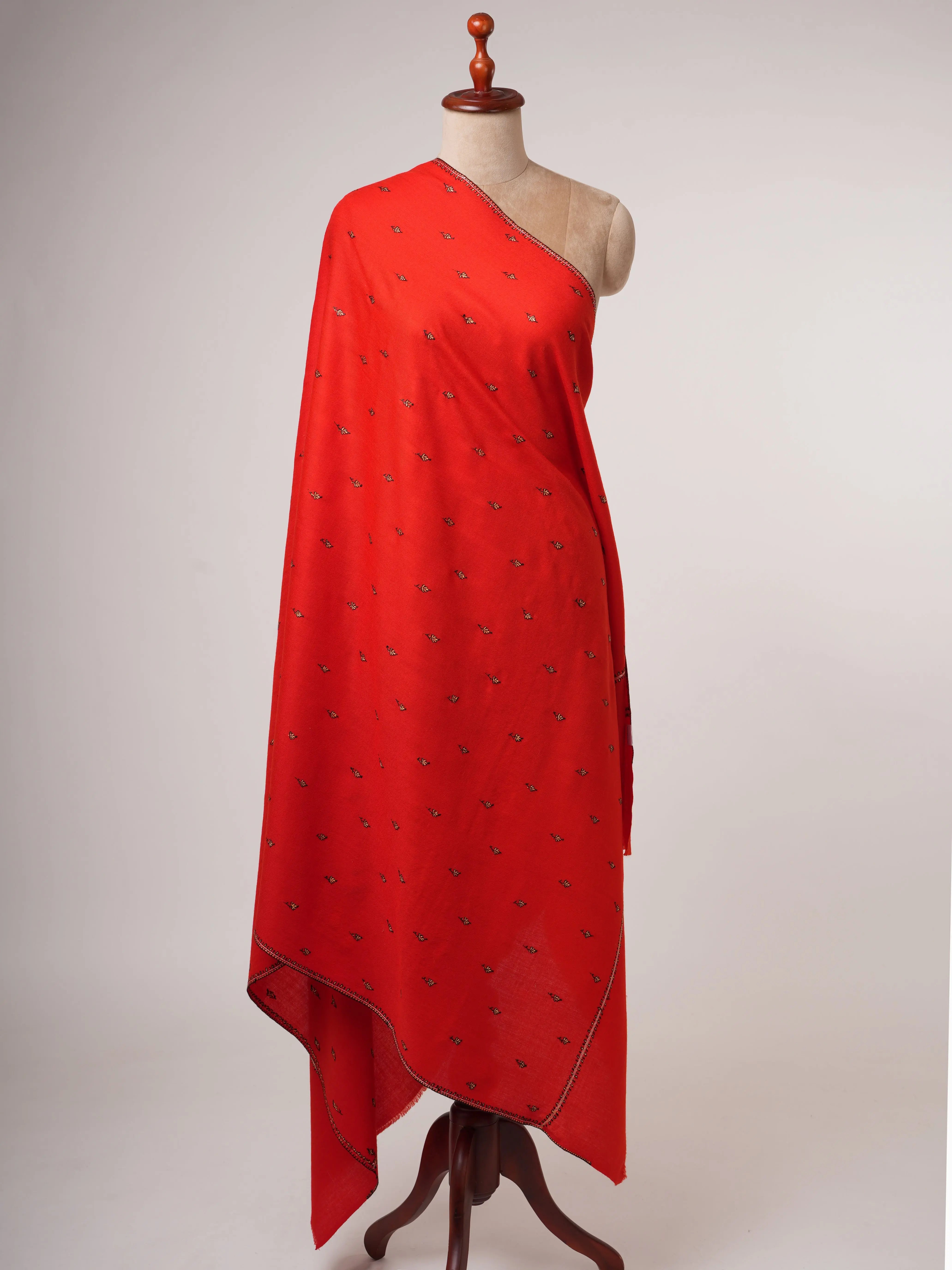 Hand Embroidered Red Fine Wool Shawl with Buteh Motif Shahkaar