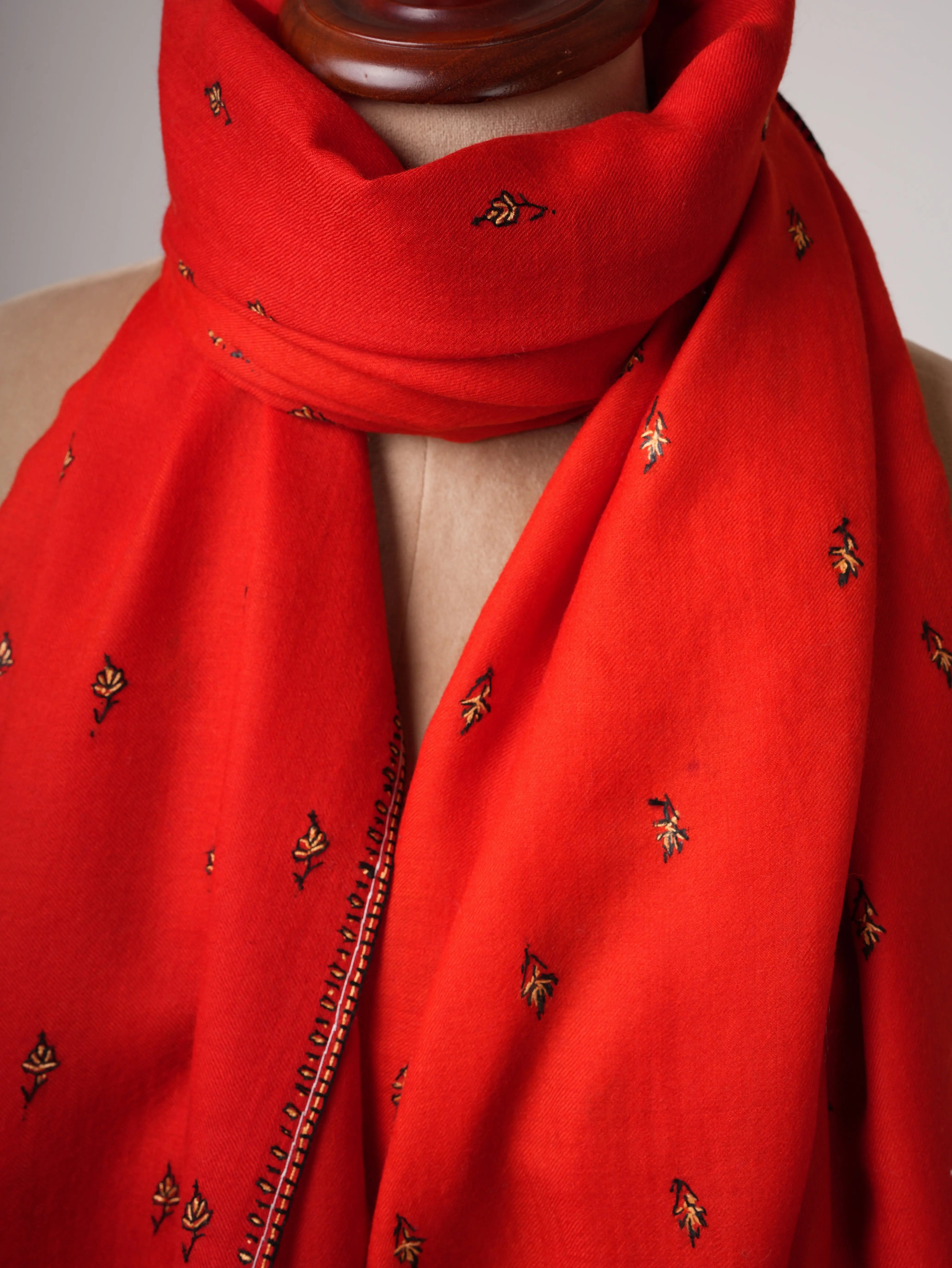 Hand Embroidered Red Fine Wool Shawl with Buteh Motif Shahkaar