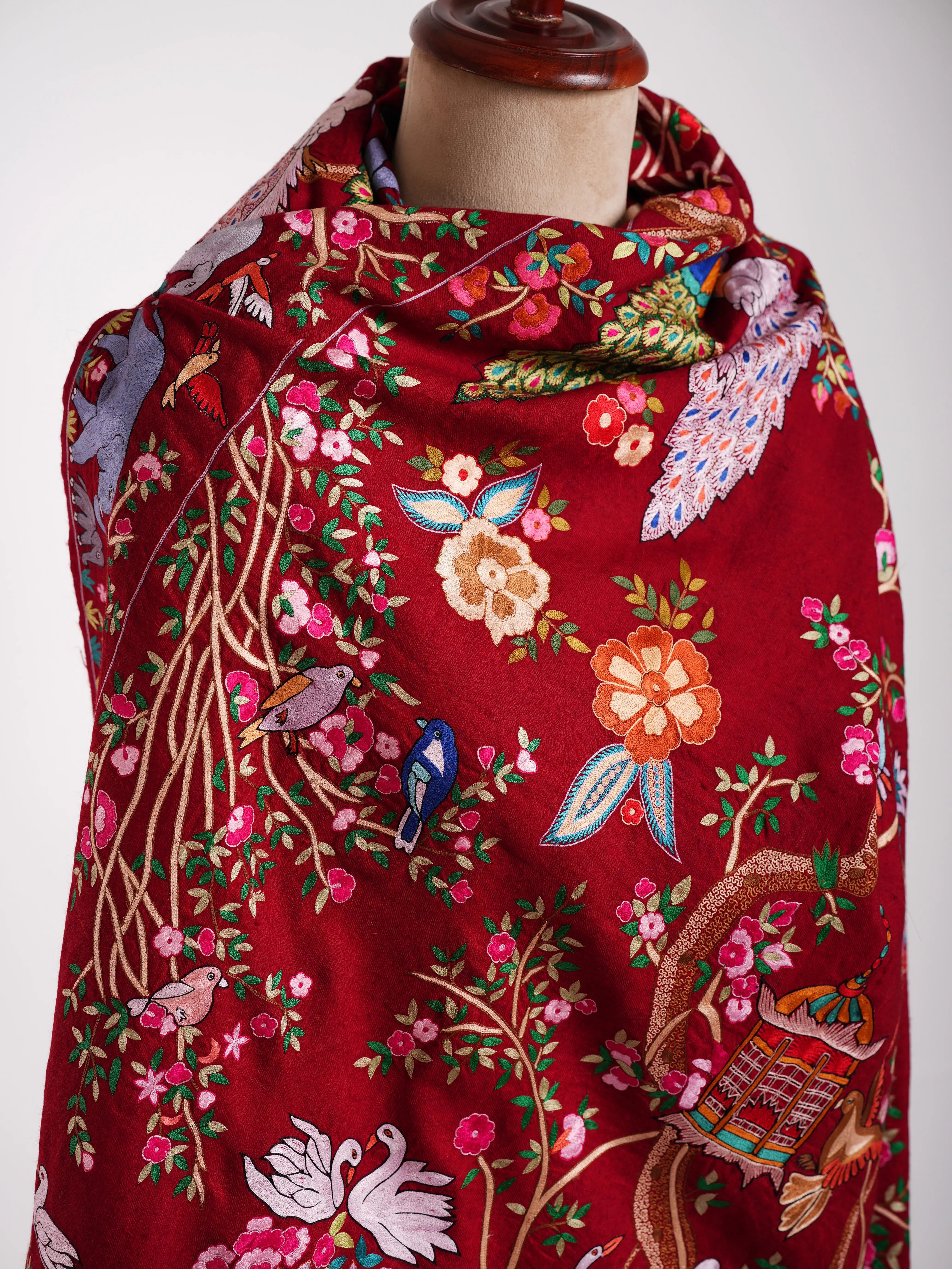 Hand Embroidered Red Jamavar Peacock Pashmina Shawl Shahkaar