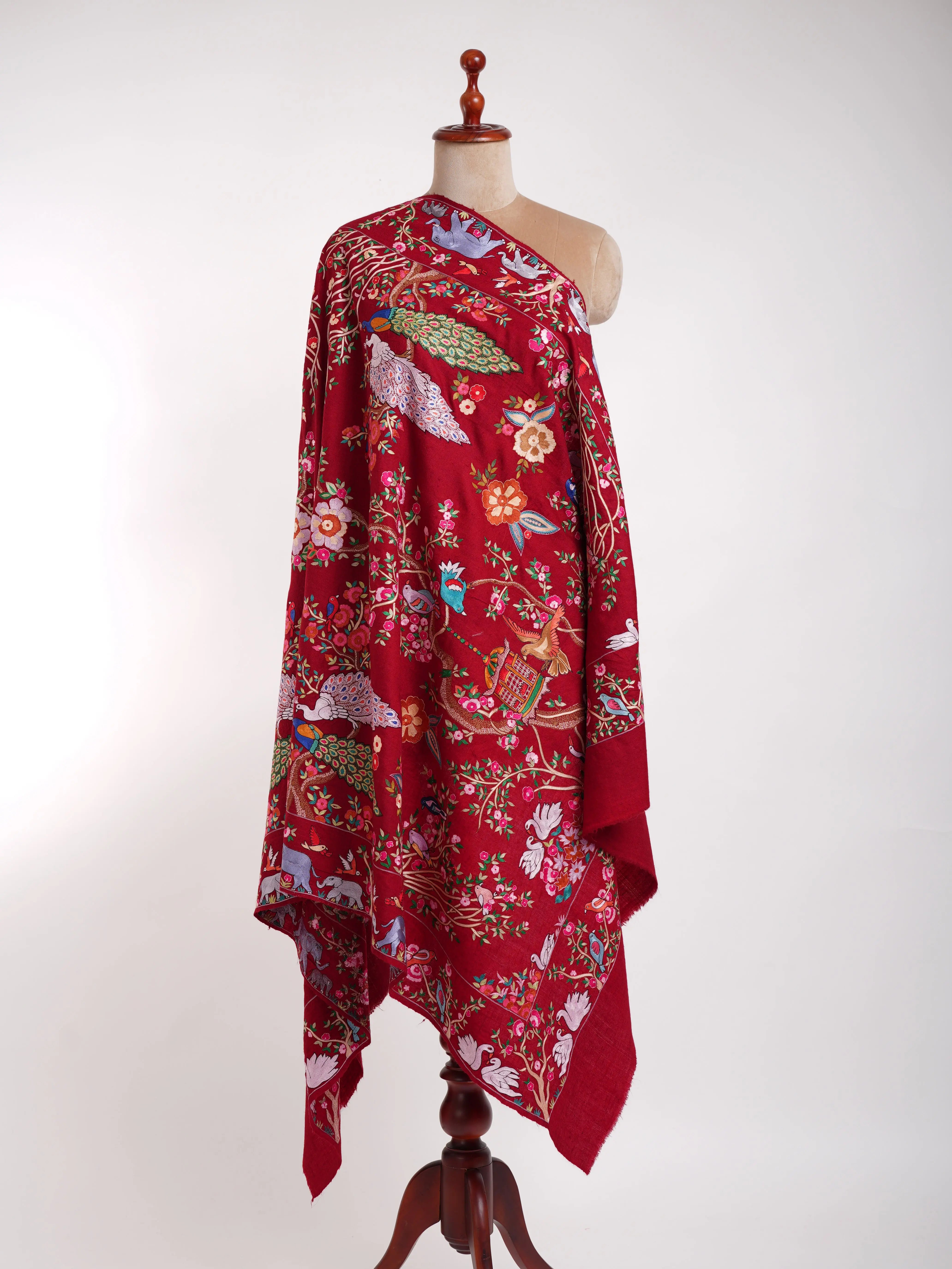 Hand Embroidered Red Jamavar Peacock Pashmina Shawl Shahkaar