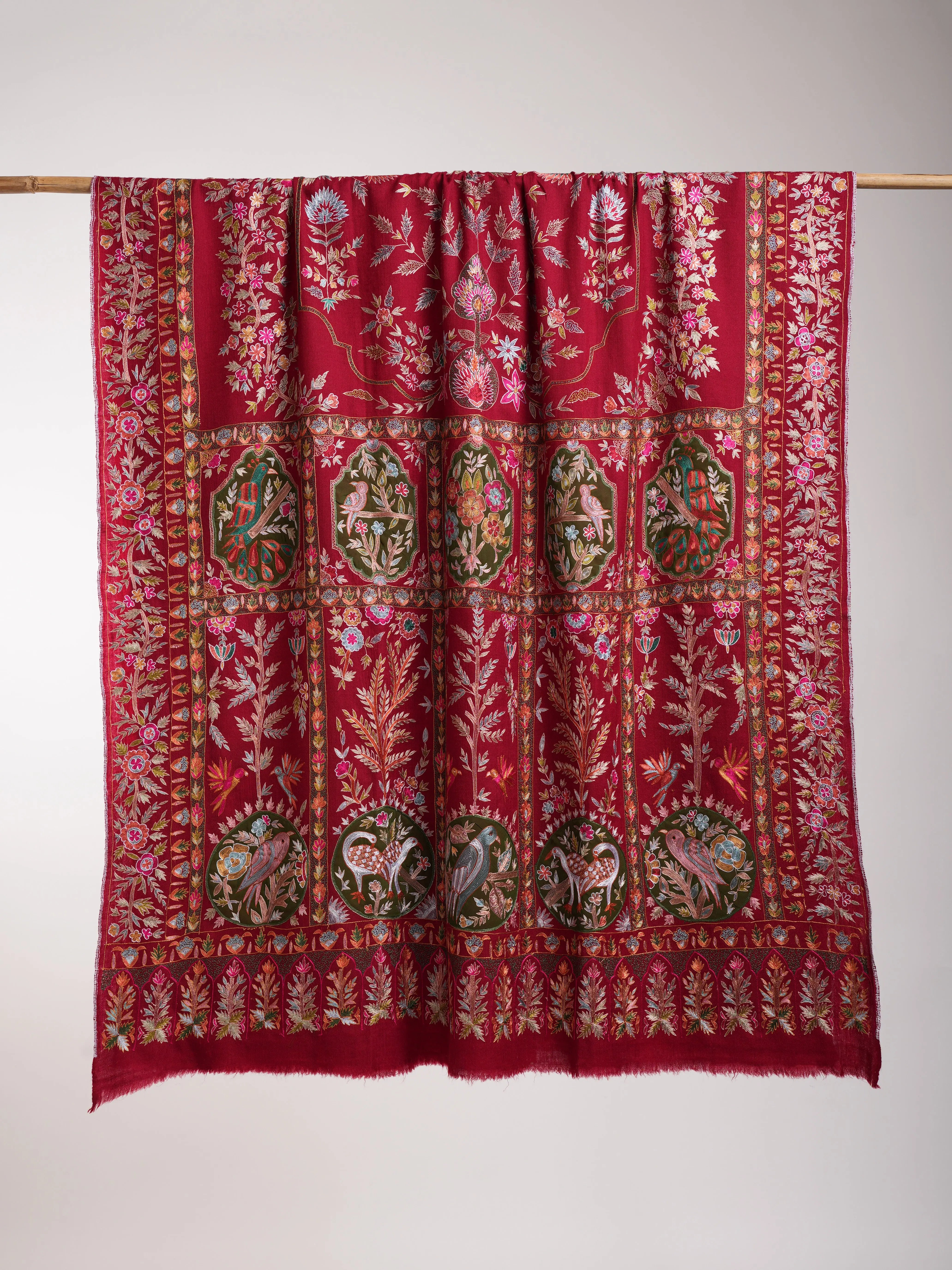 Hand Embroidered Red Pashmina Jamavar Shawl Shahkaar
