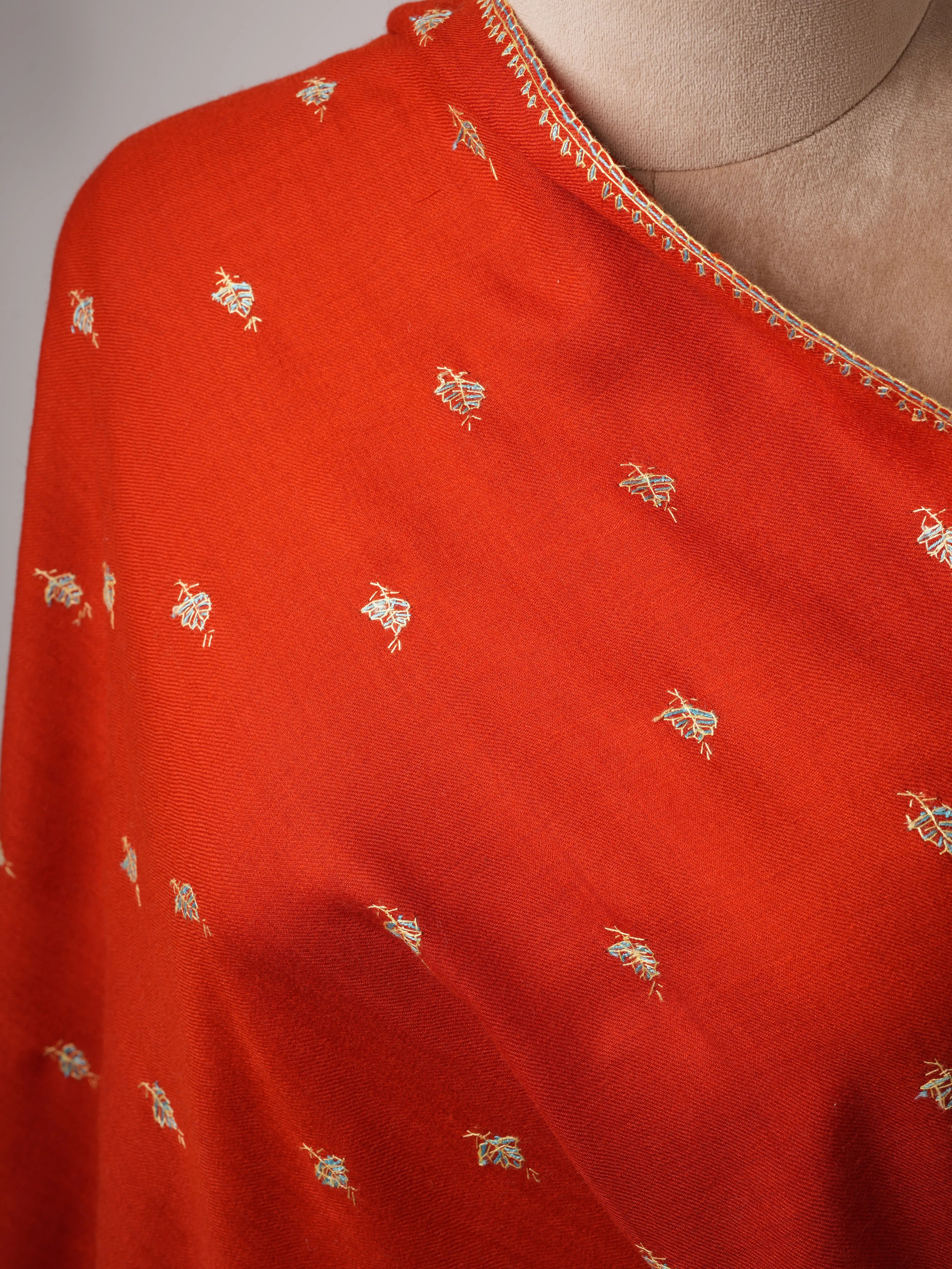 Hand Embroidered Red Shawl in Fine Wool – Mache Buteh Motif Shahkaar