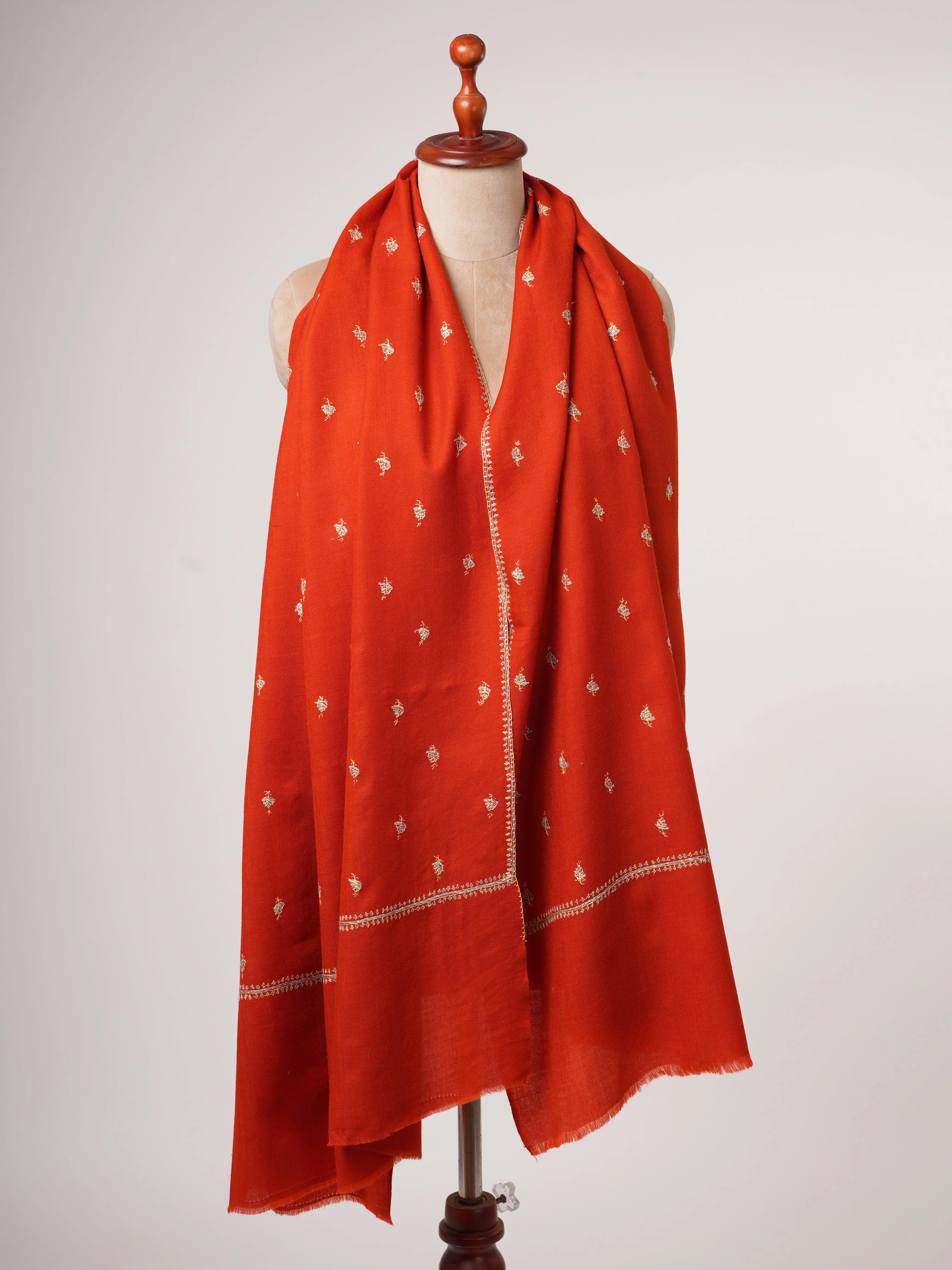 Hand Embroidered Red Shawl in Fine Wool – Mache Buteh Motif Shahkaar