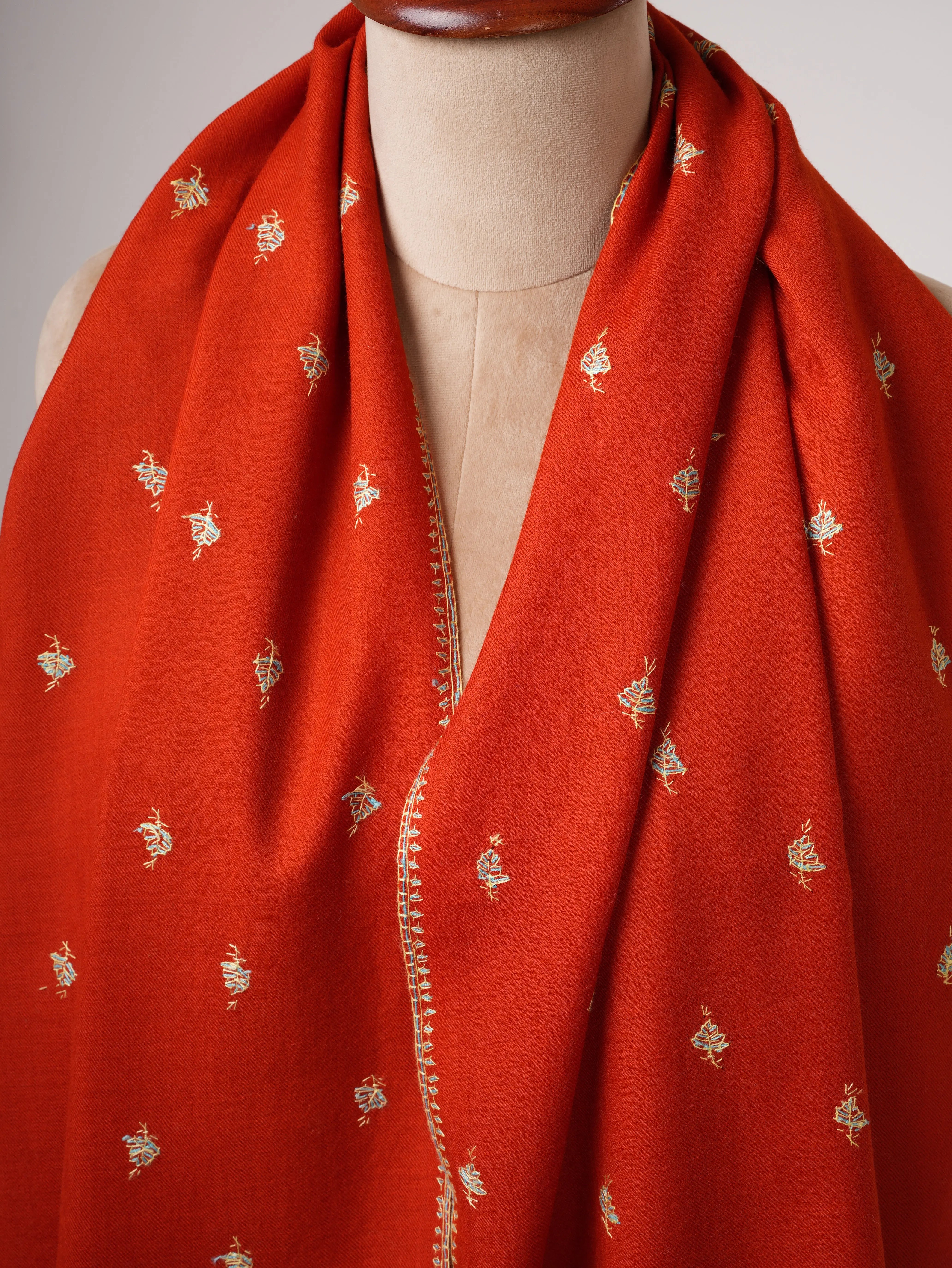 Hand Embroidered Red Shawl in Fine Wool – Mache Buteh Motif Shahkaar