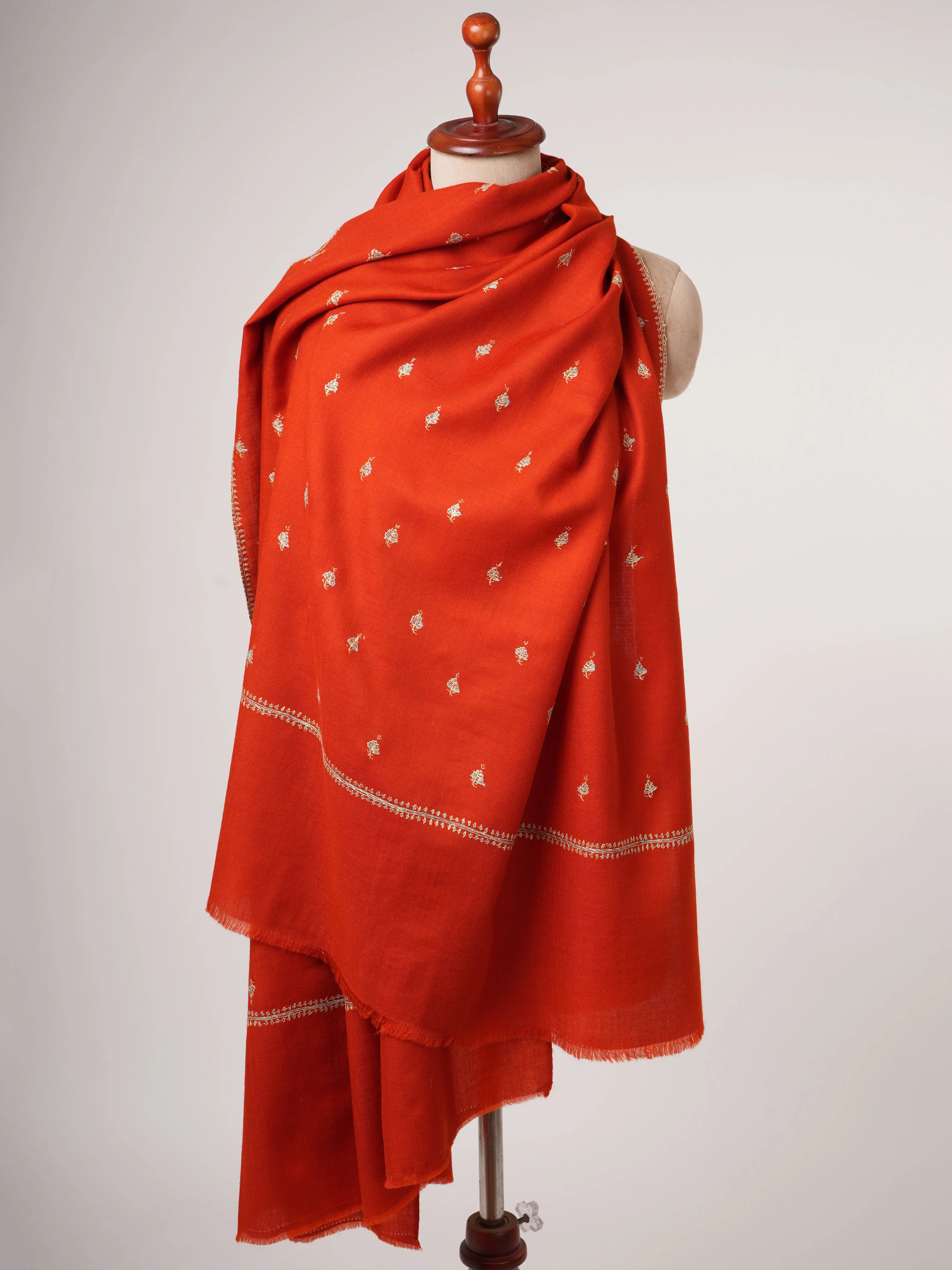 Hand Embroidered Red Shawl in Fine Wool – Mache Buteh Motif Shahkaar