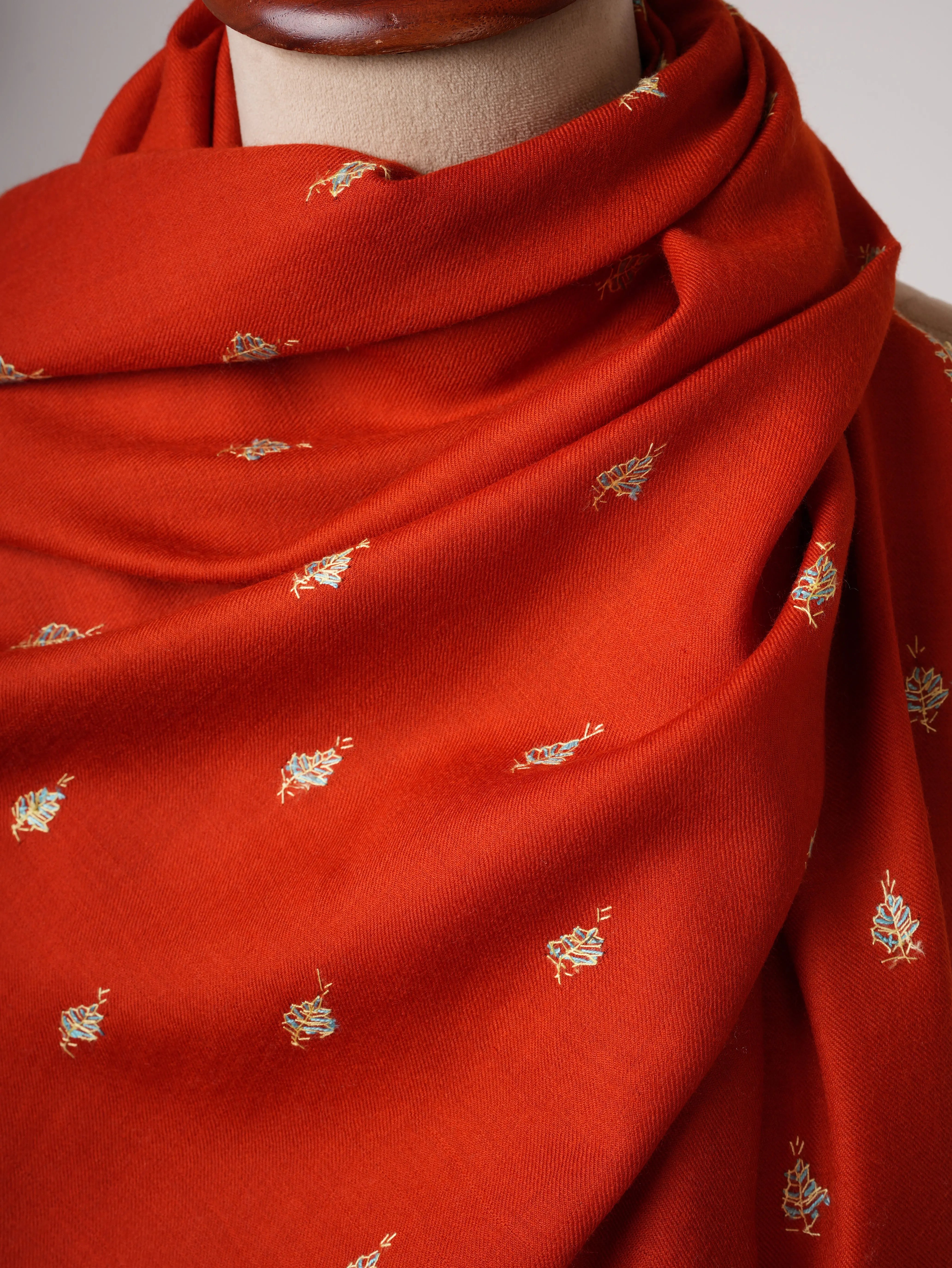 Hand Embroidered Red Shawl in Fine Wool – Mache Buteh Motif Shahkaar