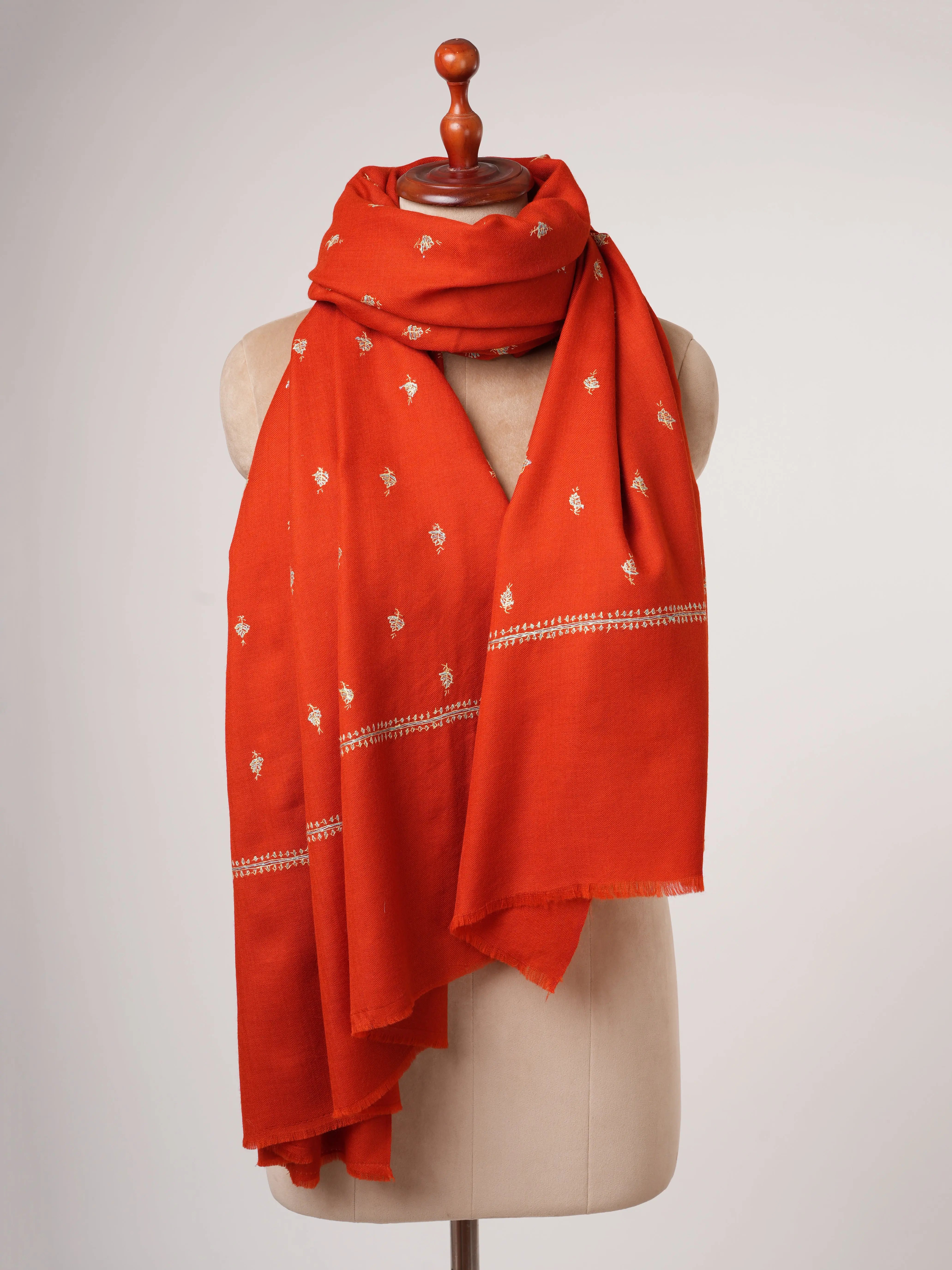 Hand Embroidered Red Shawl in Fine Wool – Mache Buteh Motif Shahkaar