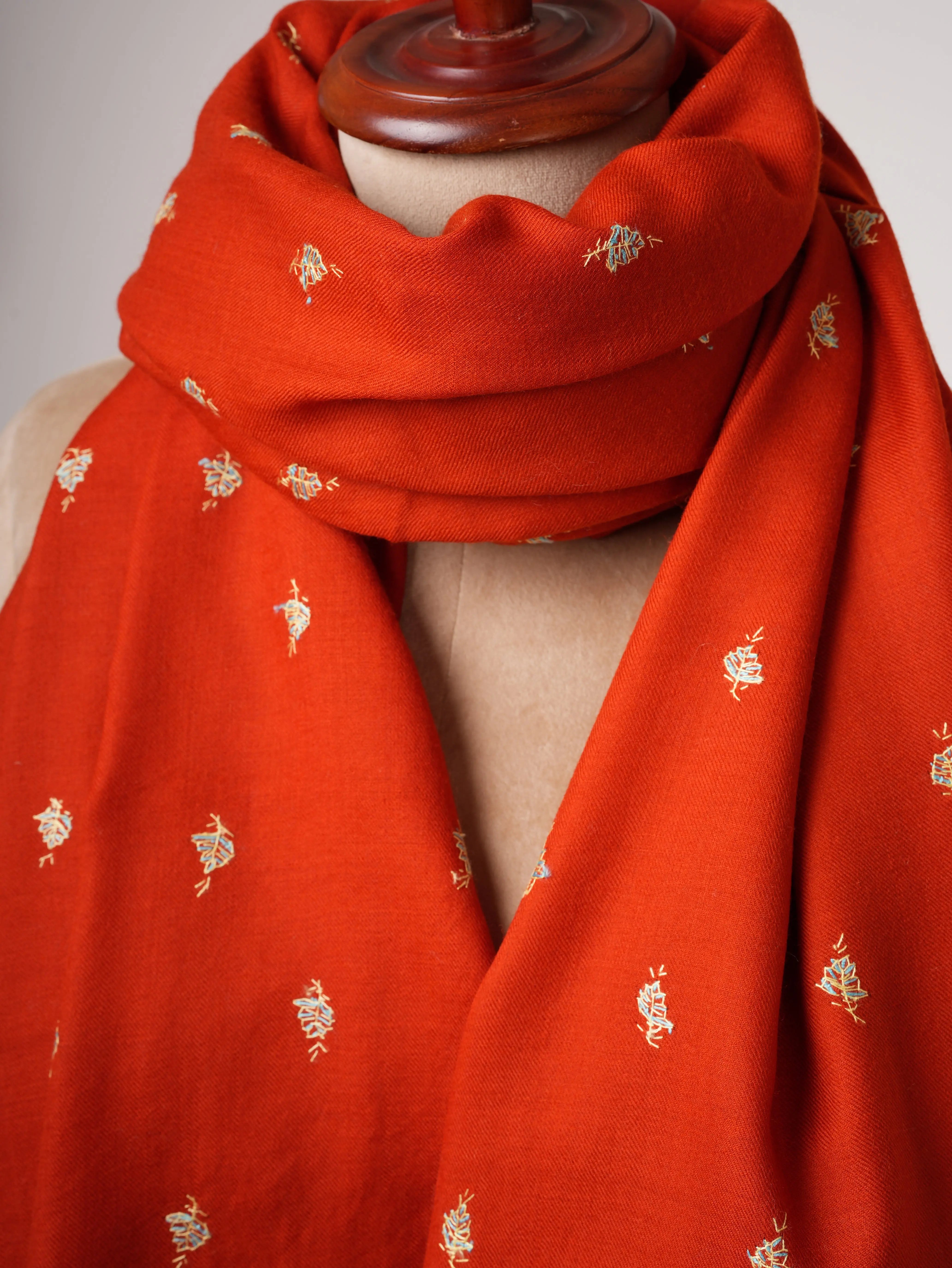 Hand Embroidered Red Shawl in Fine Wool – Mache Buteh Motif Shahkaar