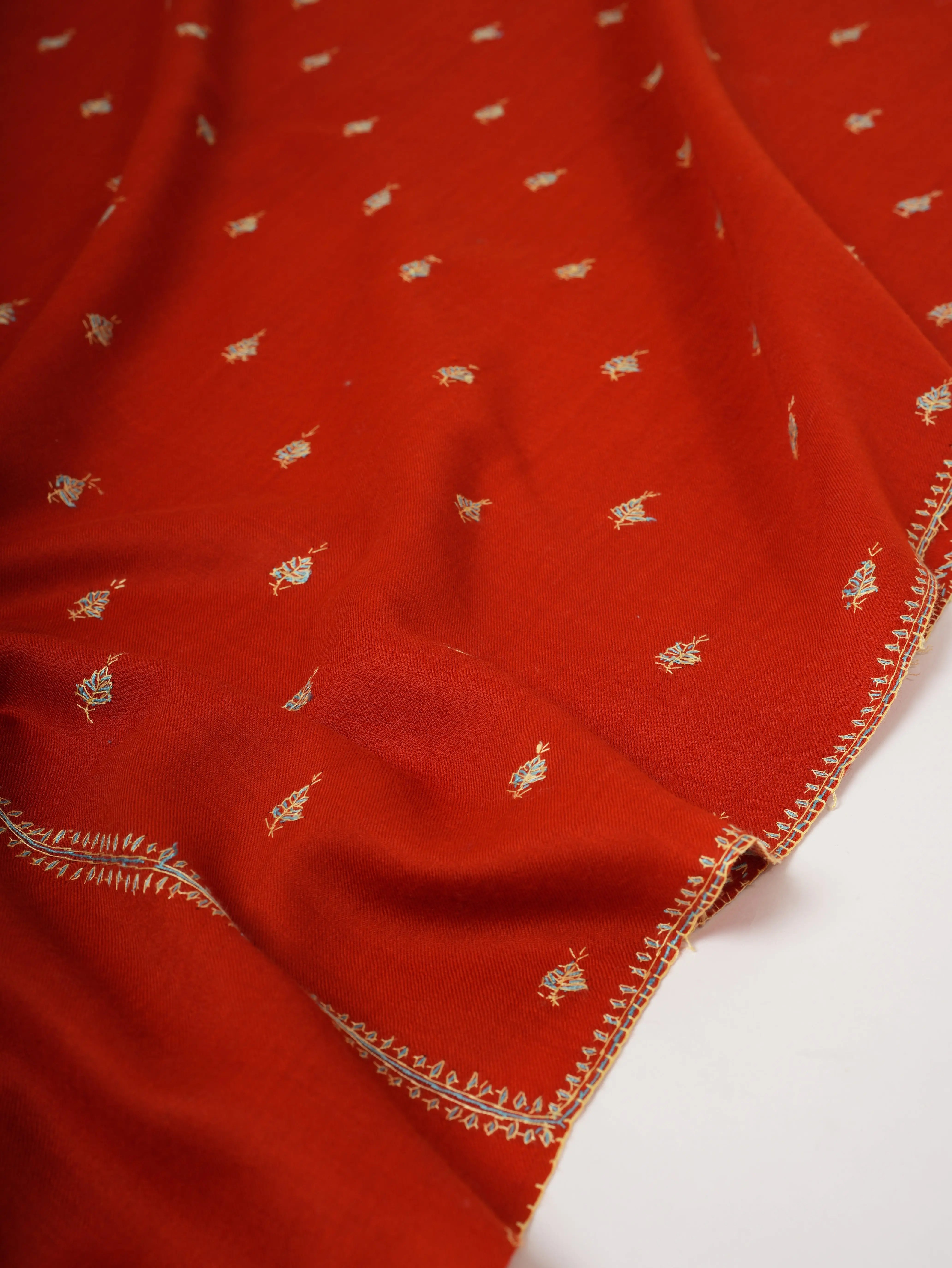 Hand Embroidered Red Shawl in Fine Wool – Mache Buteh Motif Shahkaar