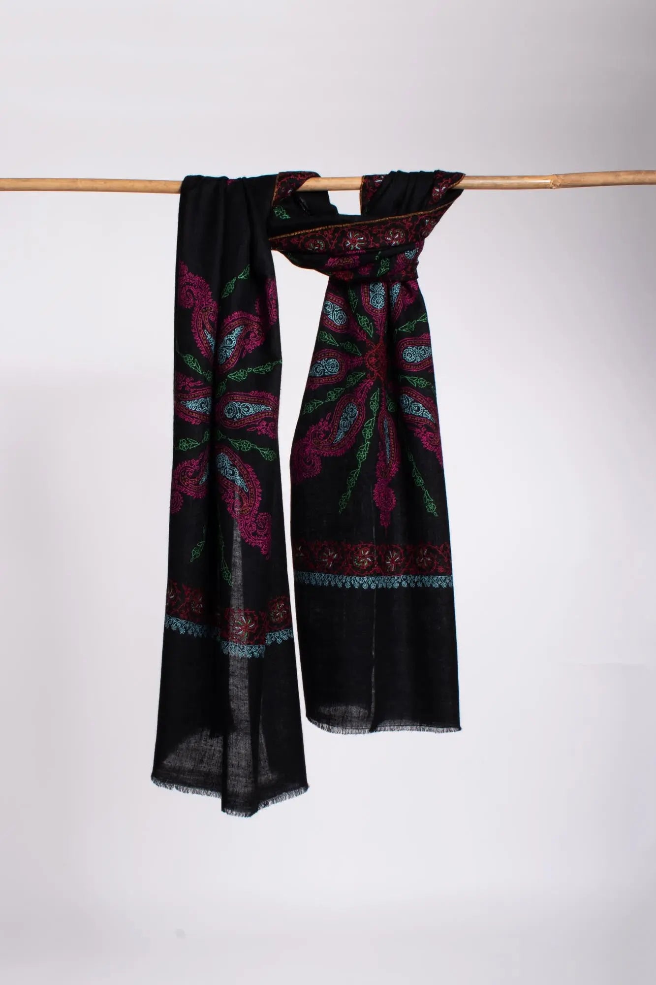 Hand Embroidered Sozni Kashmiri Cashmere Scarf in Black - ANDALUSIA Shahkaar