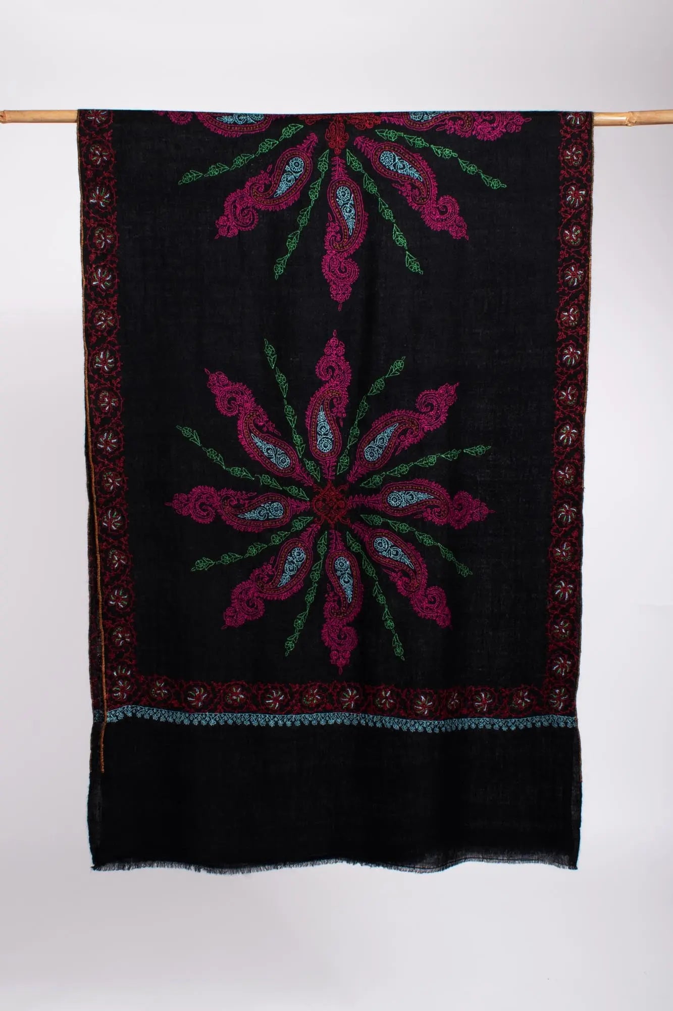Hand Embroidered Sozni Kashmiri Cashmere Scarf in Black - ANDALUSIA Shahkaar