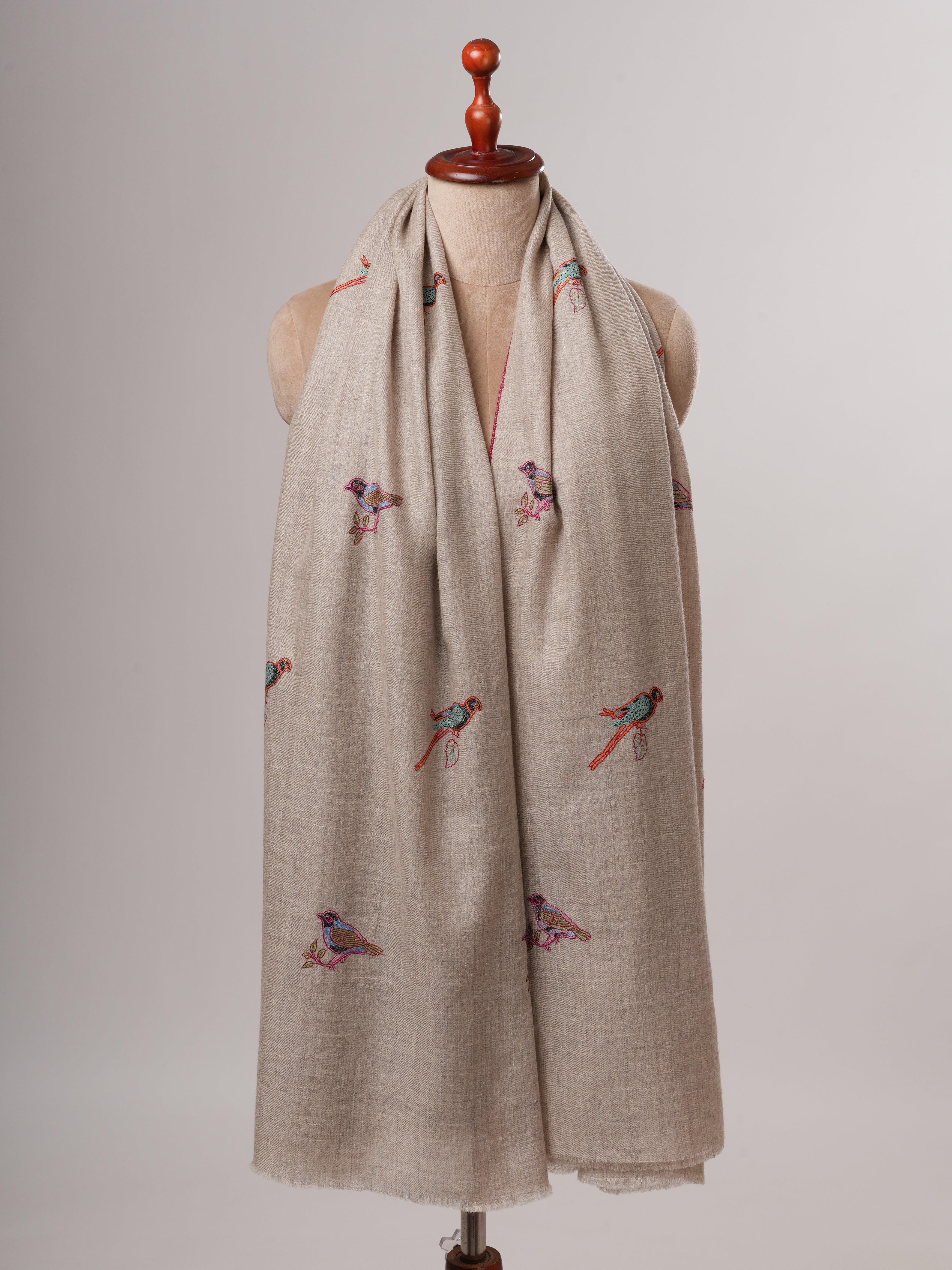 Hand Embroidered Sparrow Buteh Parrot Handwoven Indian Pashmina Shawl Shahkaar