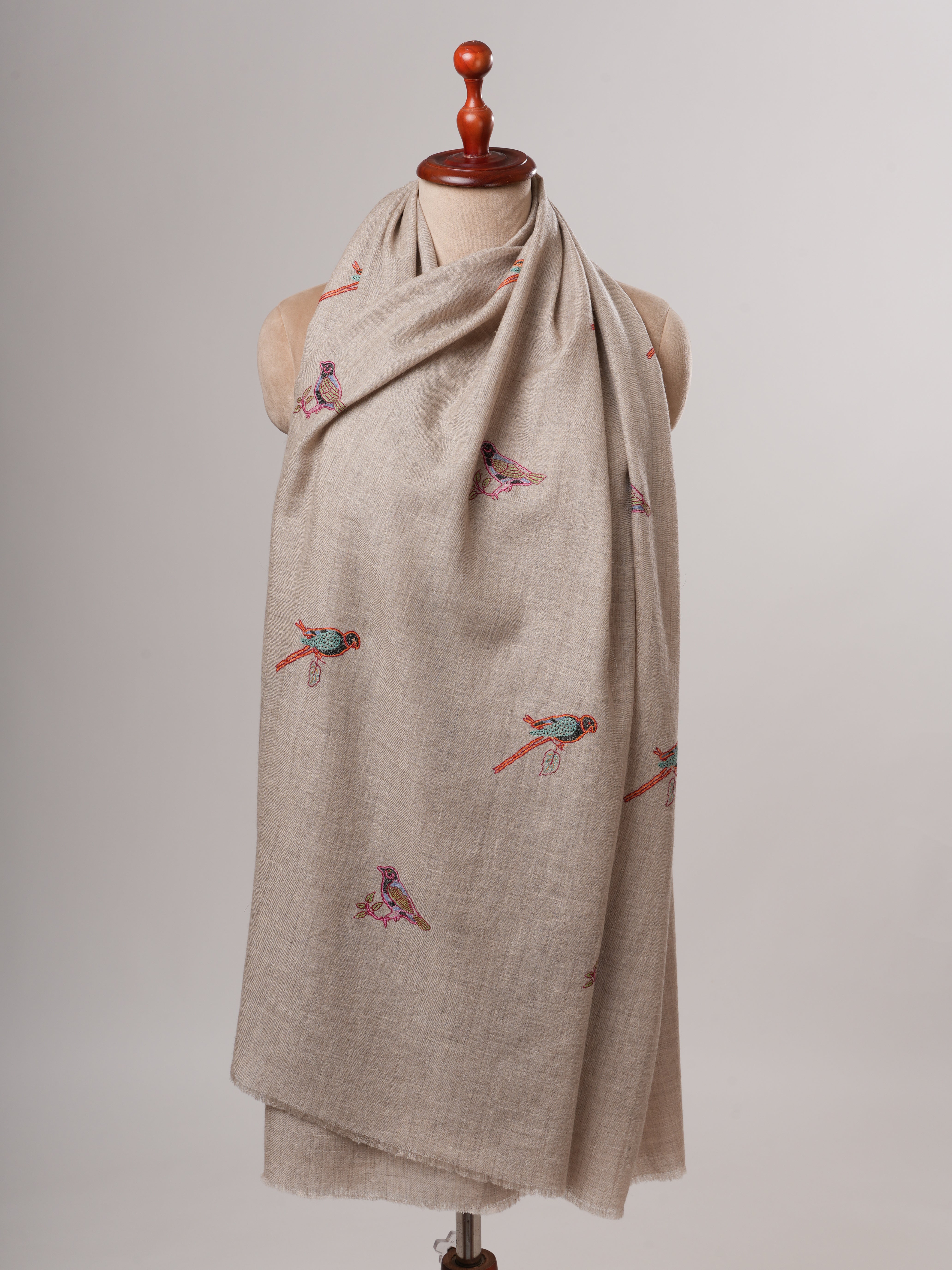 Hand Embroidered Sparrow Buteh Parrot Handwoven Indian Pashmina Shawl Shahkaar