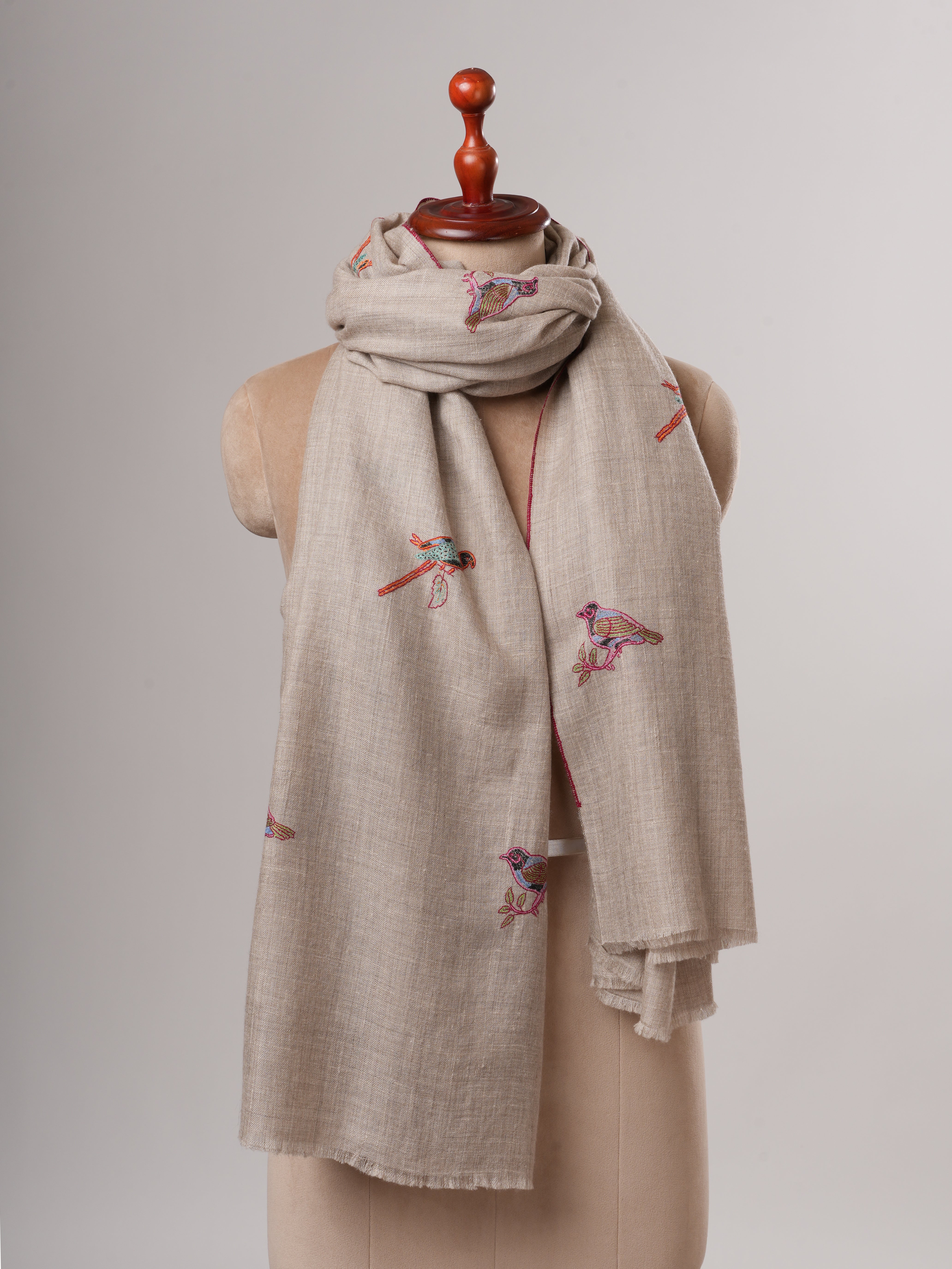 Hand Embroidered Sparrow Buteh Parrot Handwoven Indian Pashmina Shawl Shahkaar