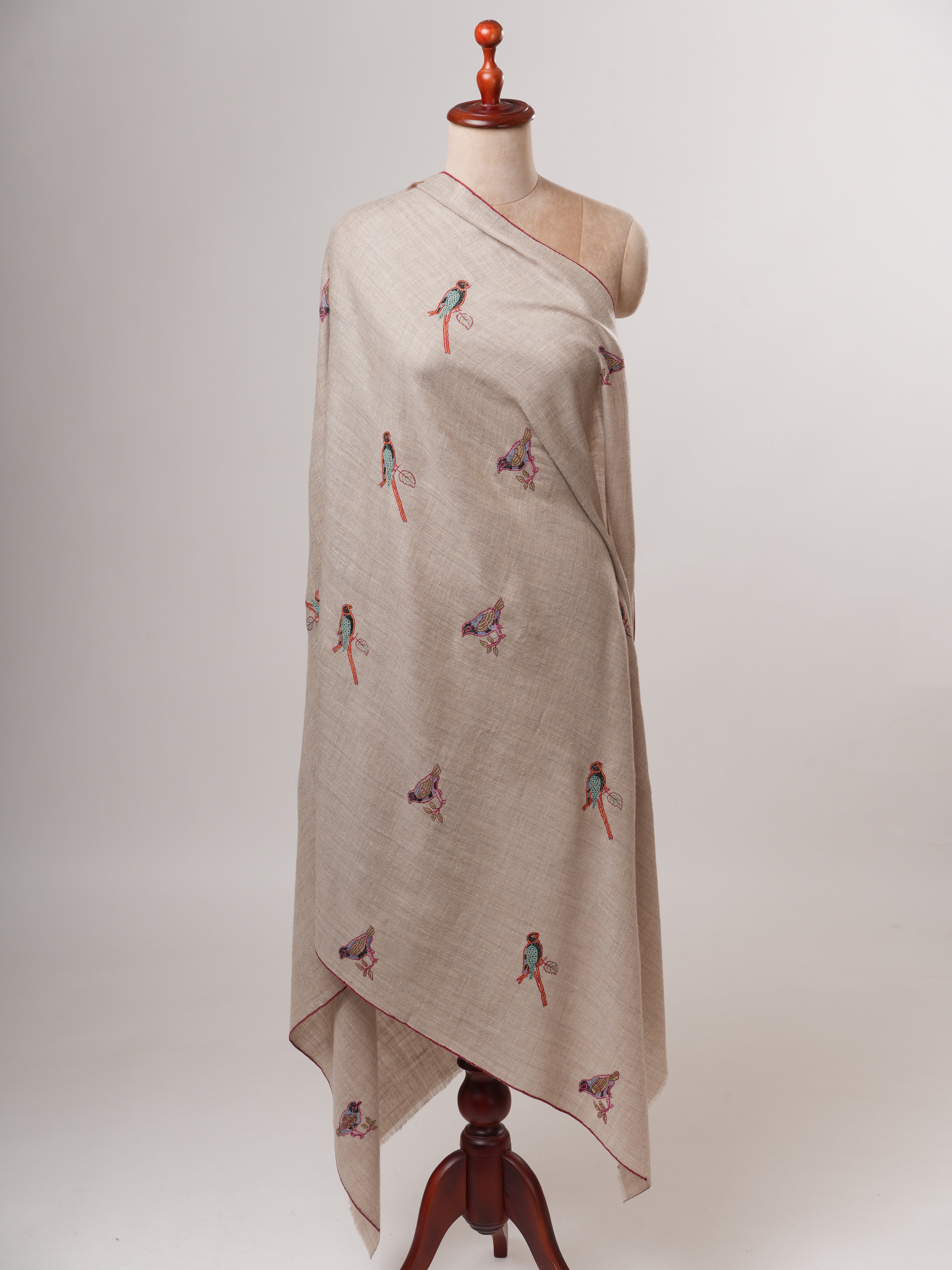 Hand Embroidered Sparrow Buteh Parrot Handwoven Indian Pashmina Shawl Shahkaar